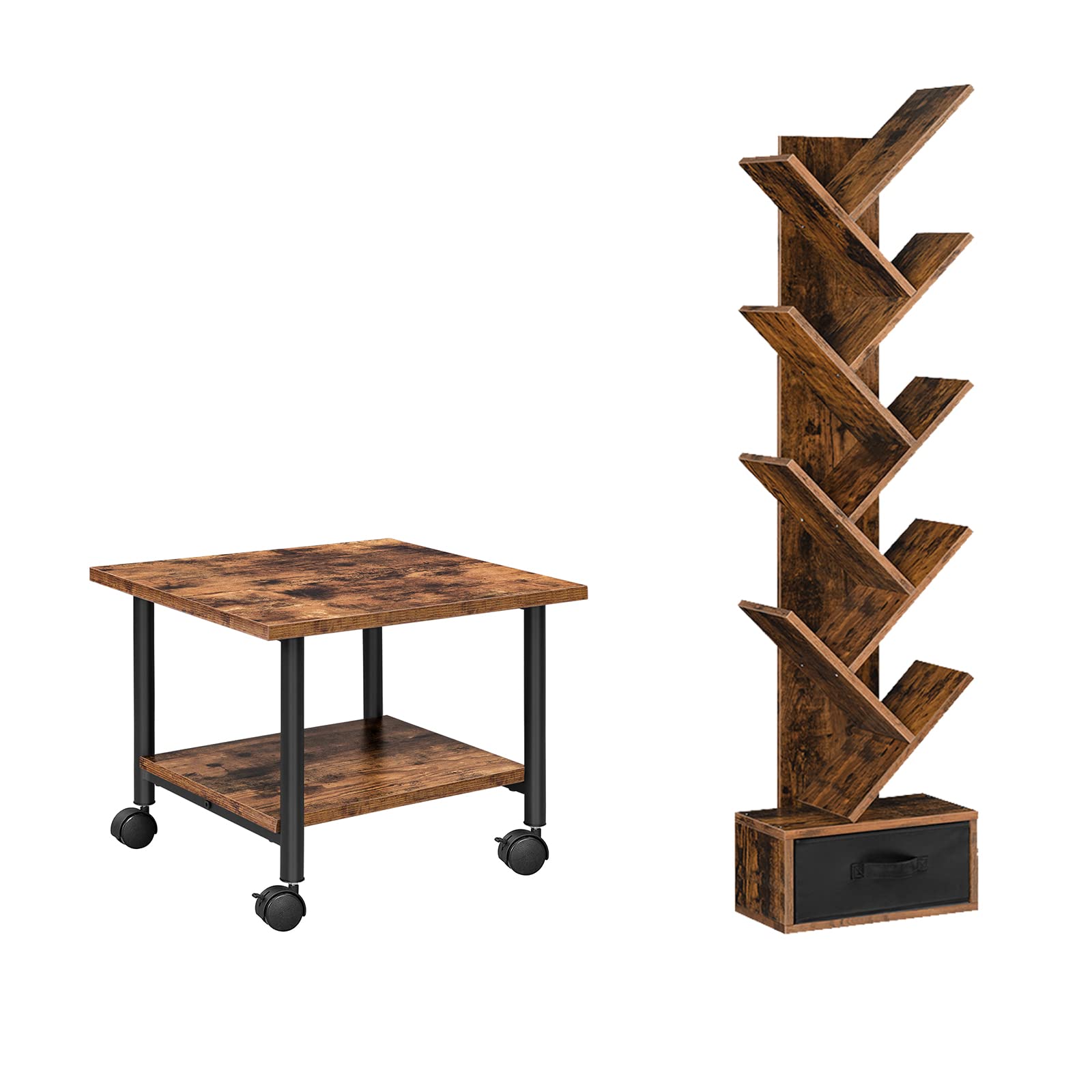 HOOBRO Industrial Printer Stand with Drawer - 2-Tier Rolling Printer Cart & 9-Tier Bookshelf Storage Unit in Rustic Brown & Black - Perfect for Home Office, Study Room, and Workspace Organization