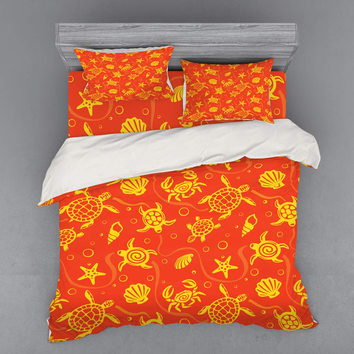 Ambesonne King Size 4-Piece Orange Duvet Cover Set with Shams & Fitted Sheet - Tropical Swimming Turtles, Crabs, Seashells & Starfish Design in Burnt Orange & Yellow | Perfect for Beach Themed Bedrooms & Coastal Home Decor