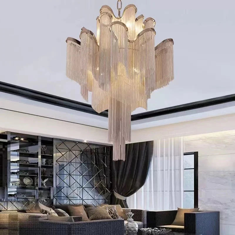 Modern Extra Large Stainless Steel Long Tassel Chandelier - Elegant Lighting for Large Living Rooms, Staircases, Villas & Duplexes | Perfect for Dining Rooms, Entryways & High Ceiling Spaces