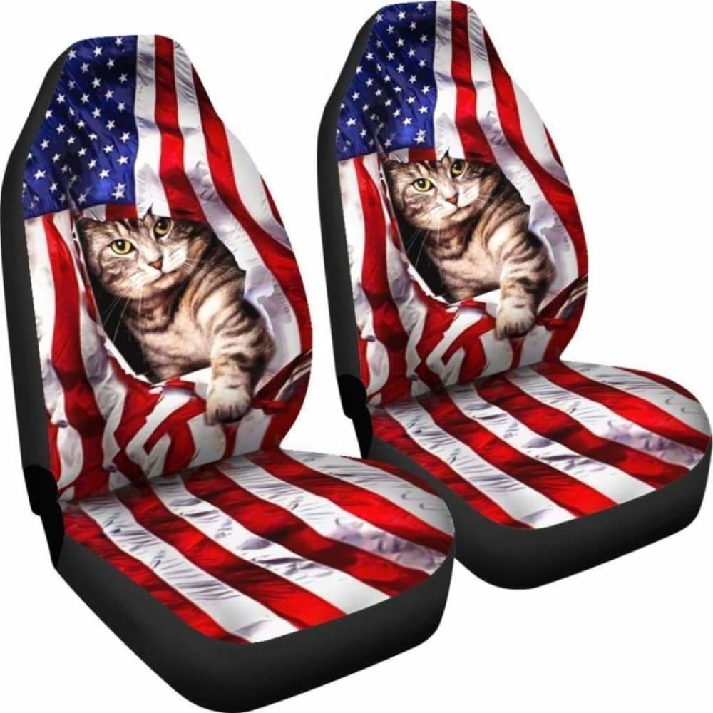 American Flag & Cat Print Car Seat Covers - Durable Universal Fit for Cars, Trucks & SUVs - Perfect for Patriotic Pet Lovers & Road Trips