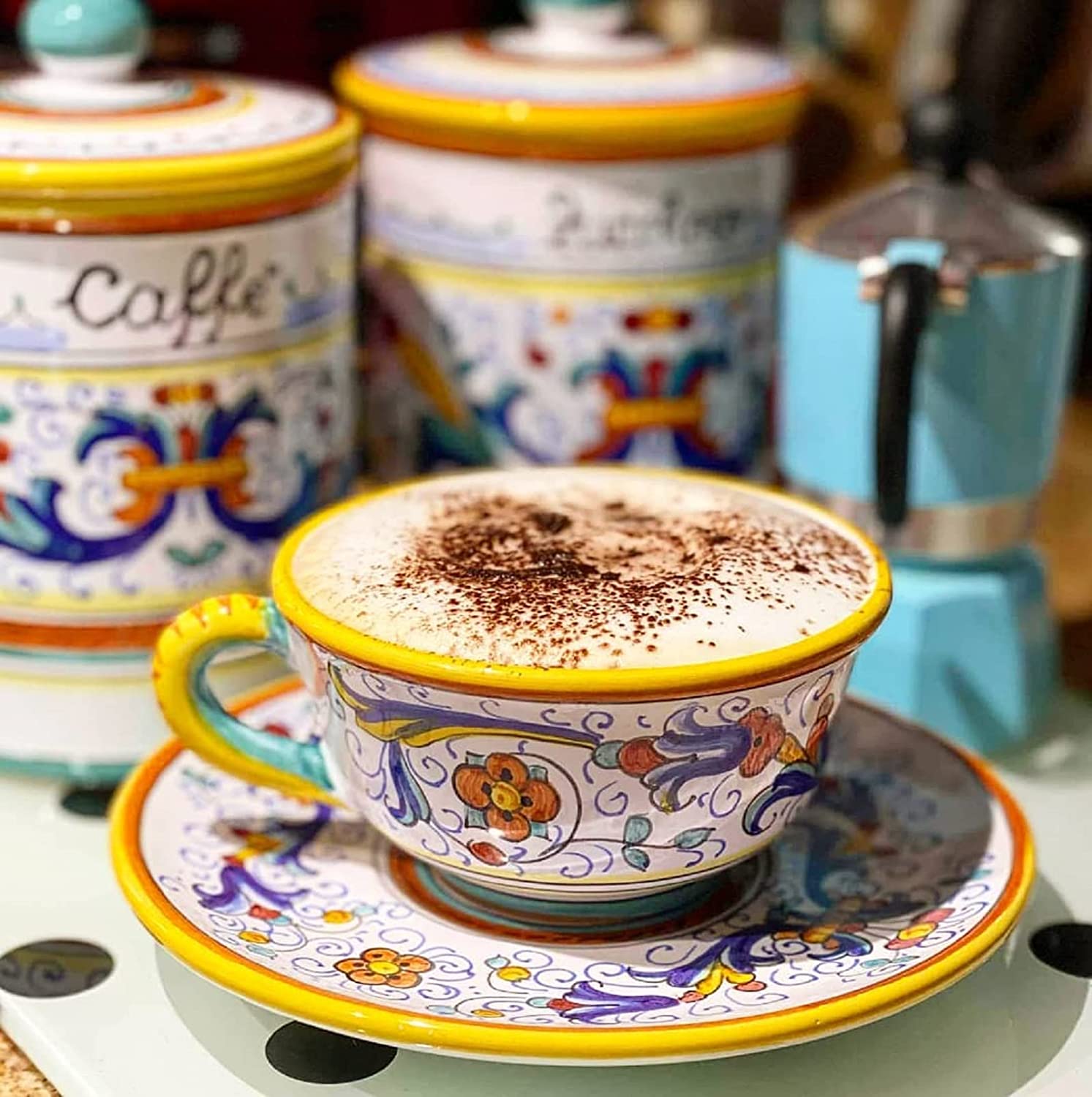 Handcrafted Raffaellesco Cup & Saucer Set | Authentic Deruta Italian Ceramics | 6 oz (170 mL) Hand-Painted Pottery from Italy | Perfect for Tea, Coffee & Elegant Table Settings