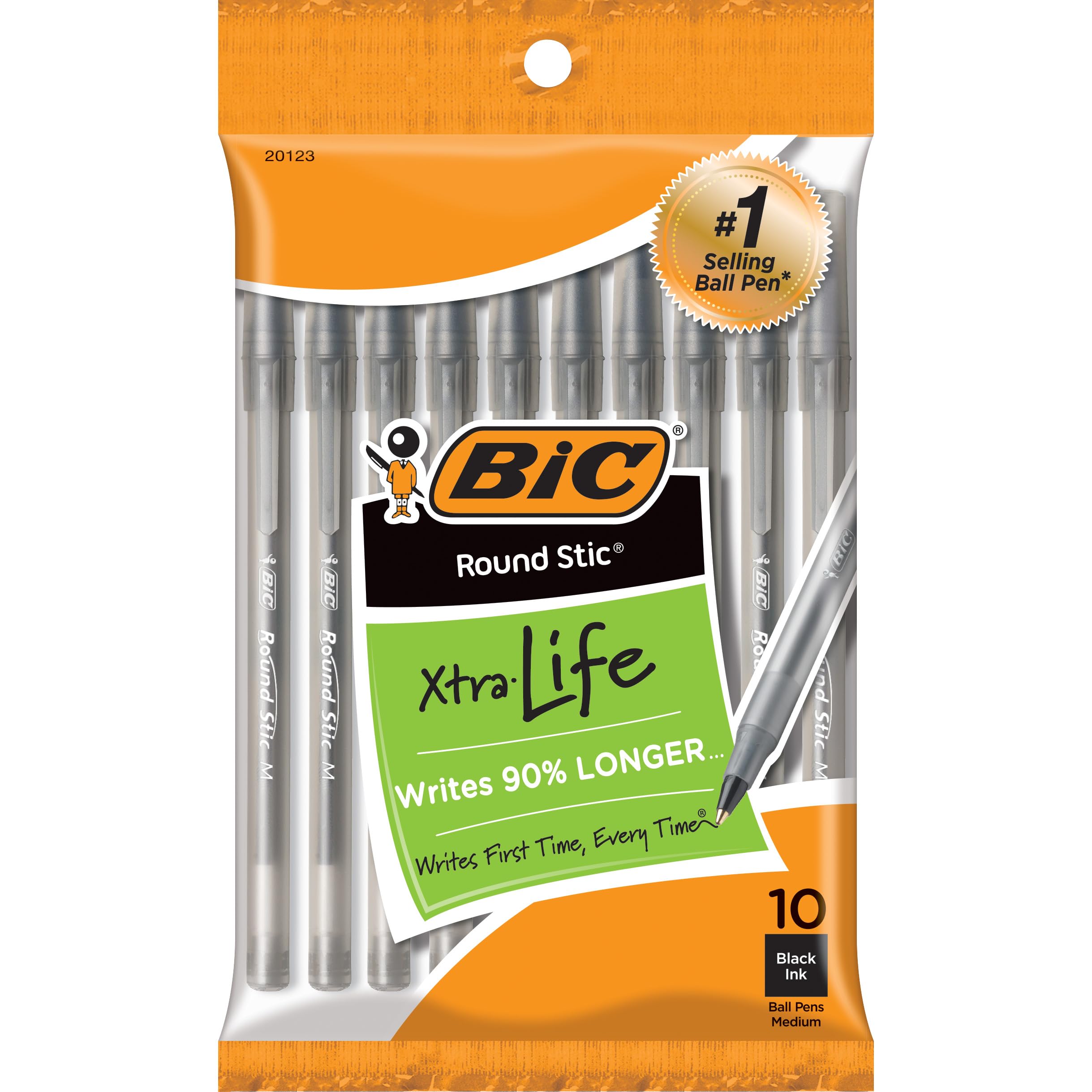 BIC Round Stic Xtra Life Black Ballpoint Pens - Medium Point (1.0mm), 10-Pack Bulk Ballpoint Pens with Comfortable Flexible Barrel - Best Selling Pens for Office, School & Home Use