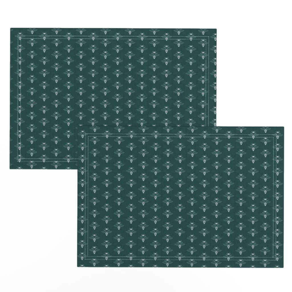 Premium Linen Cotton Canvas Placemats Set of 2 - Honey Bee & Teal Blue Printed Table Mats for Dining, Kitchen Decor, and Party Settings | Bees & Floral Design Washable Fabric Place Mats