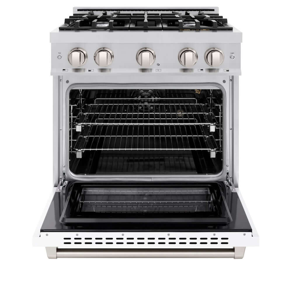 ZLINE 30 Inch 4.2 Cu Ft Stainless Steel Gas Range with 4 Burner Cooktop & Convection Oven - White Matte Door (HGR WM 30) - Perfect for Modern Kitchens, Home Chefs & Restaurant-Style Cooking