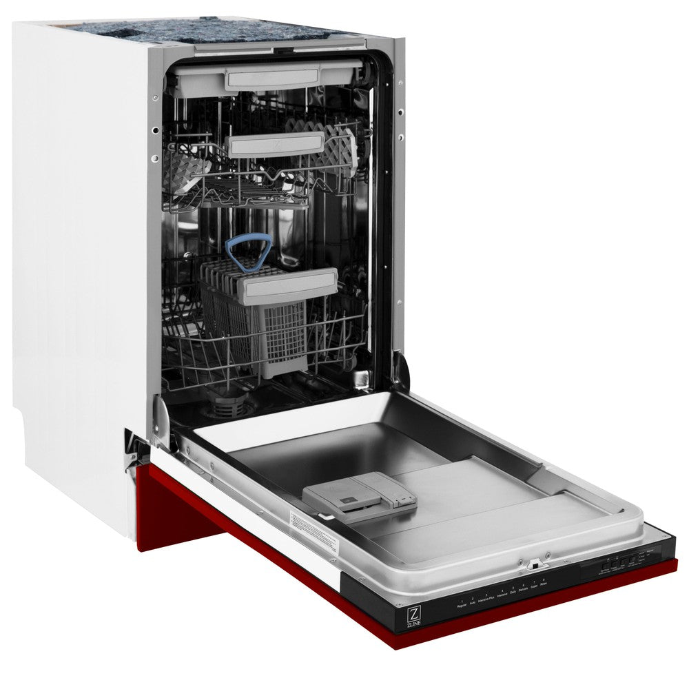ZLINE 18 Inch Tallac Series 3rd Rack Top Control Dishwasher - Stainless Steel Tub with Red Gloss Panel, 51dBa (DWV RG 18) - Perfect for Modern Kitchens and Open-Concept Homes