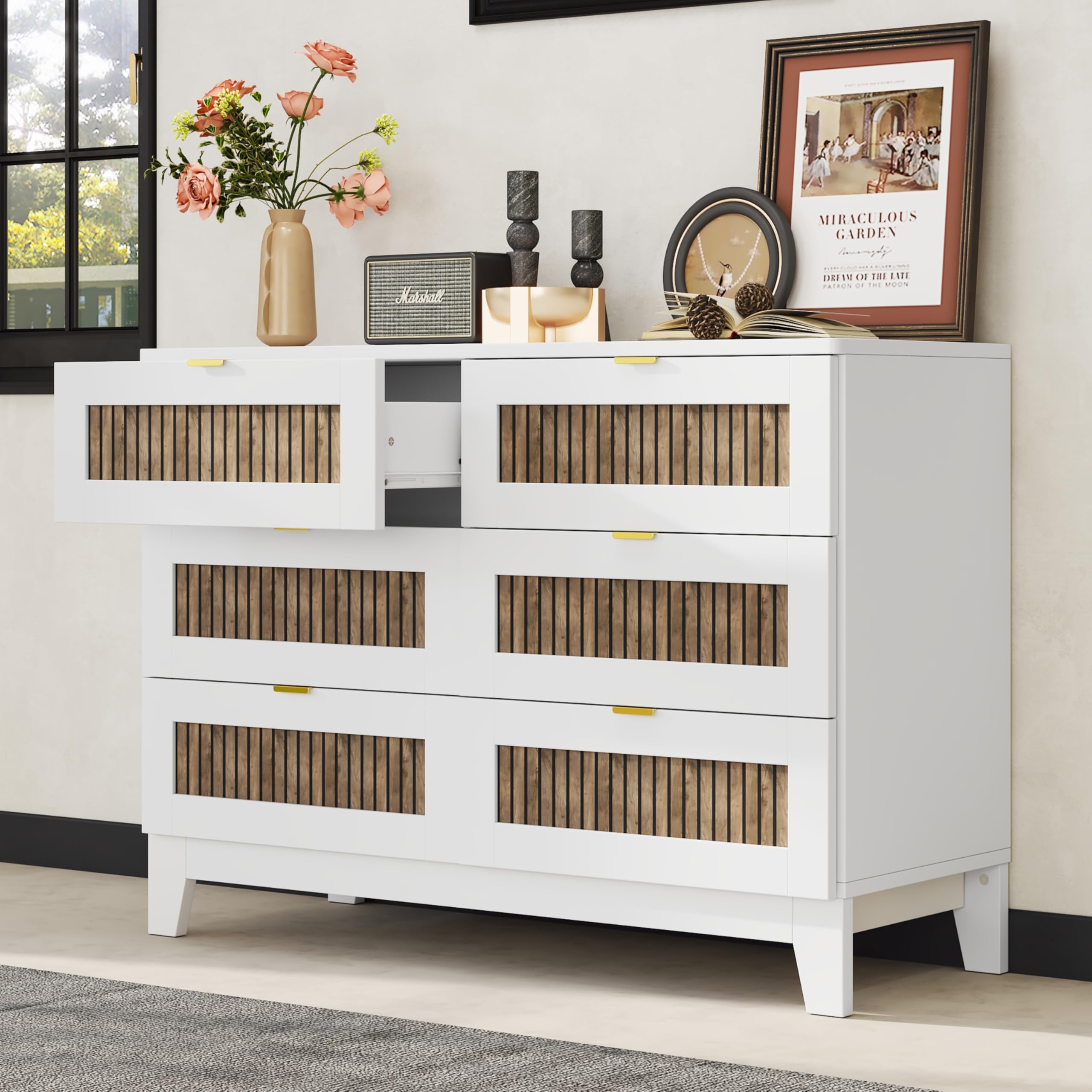 LZ LEISURE ZONE 4-Piece Full Size Farmhouse Bedroom Set - White Wooden Platform Bed with Storage Nightstands & Dresser (Metal Handles) | Rustic Home Decor for Master Bedroom, Guest Room & Apartment