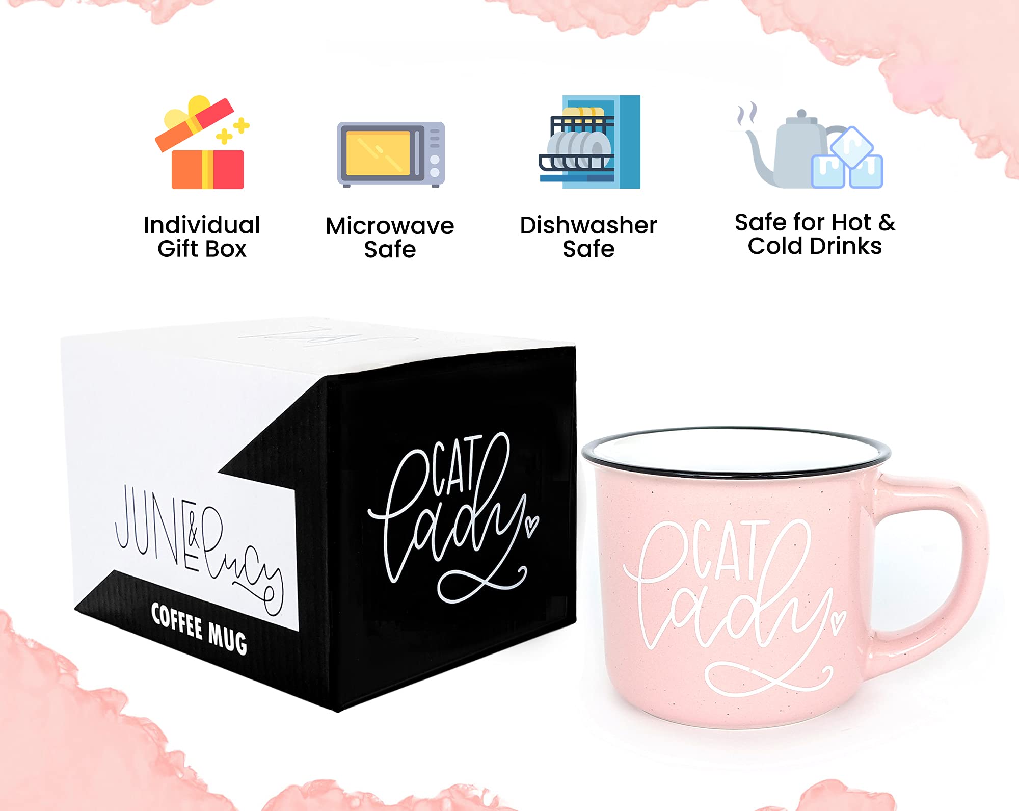 June & Lucy Cat Mom Gifts for Women - Cute Oversized 15oz Ceramic Coffee Mug for Cat Lovers, Microwave & Dishwasher Safe - Perfect for Camping, Office & Home Use (Pink)