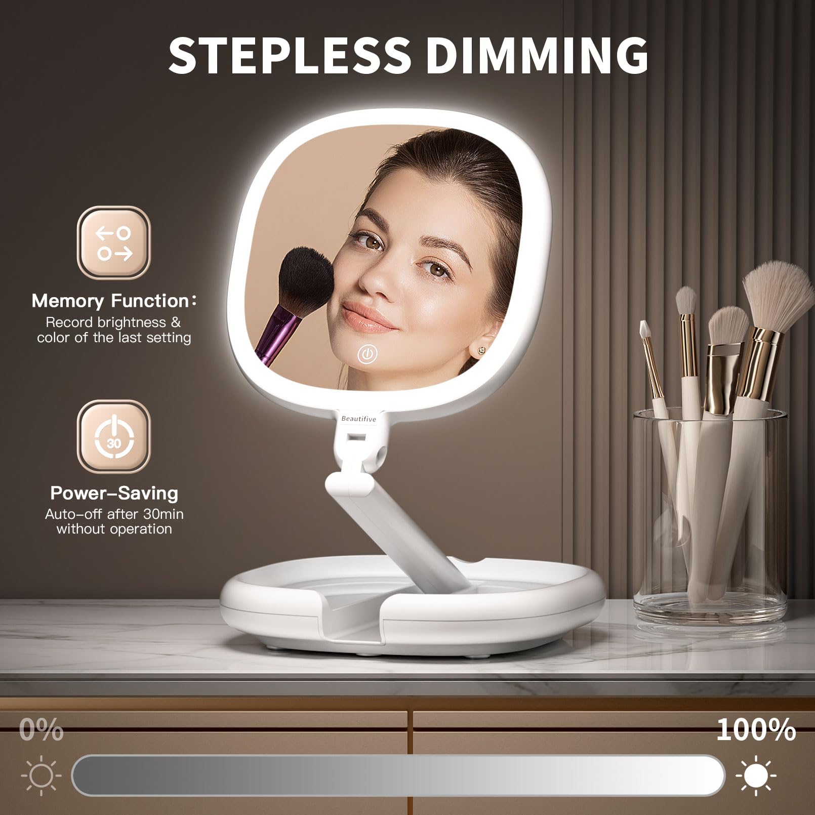 Beautifive LED Illuminated Makeup Mirror with Adjustable Brightness - 180° Swivel & Height Adjustable Double-Sided Magnifying Vanity Mirror for Home, Travel & Professional Makeup Application