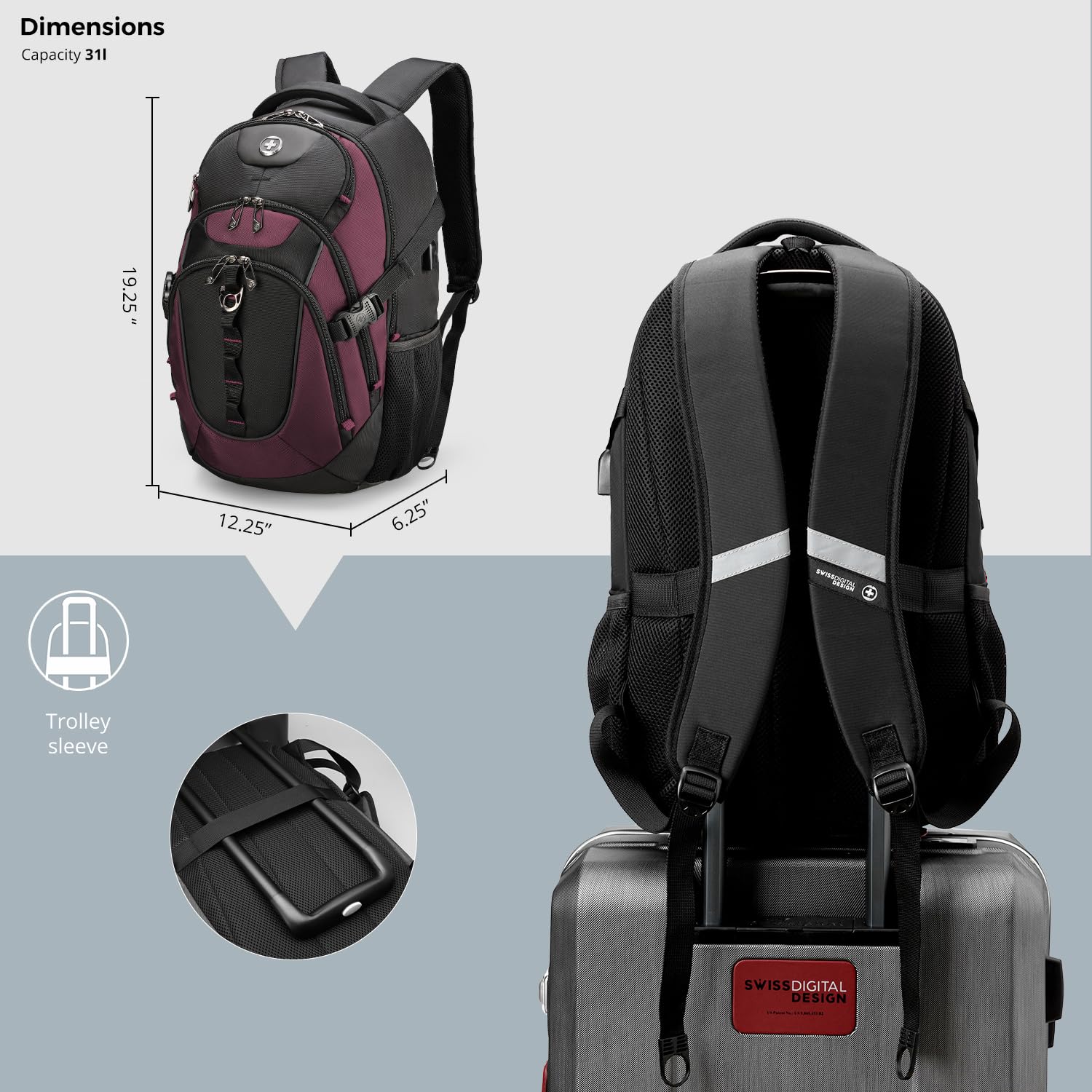 Swissdigital Business Laptop Backpack with USB Charging Port - Water Resistant Travel Backpack for 15.6 Inch Laptops - College Backpack for Men & Women (SD803-44 Angola Red/Black) - Perfect for Work, School & Business Travel