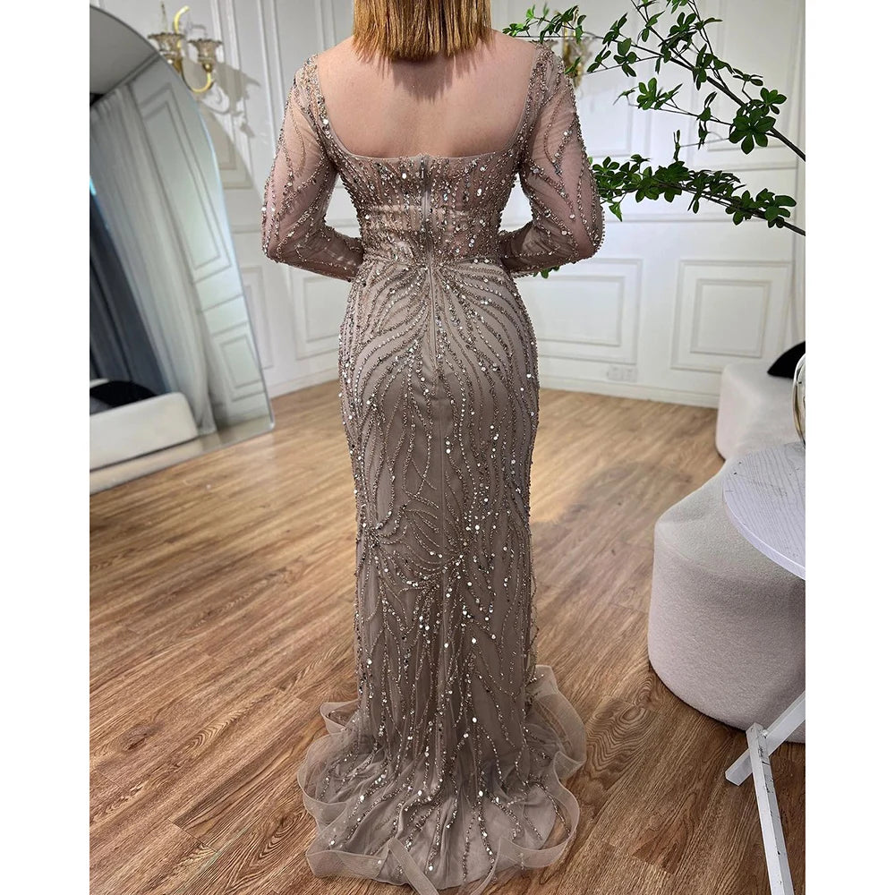 Elegant Arabic Turquoise Mermaid Evening Gown with Beaded Details & High Split - Women's Formal Dress for Wedding, Party & Special Occasions - Serene Hill LA72093