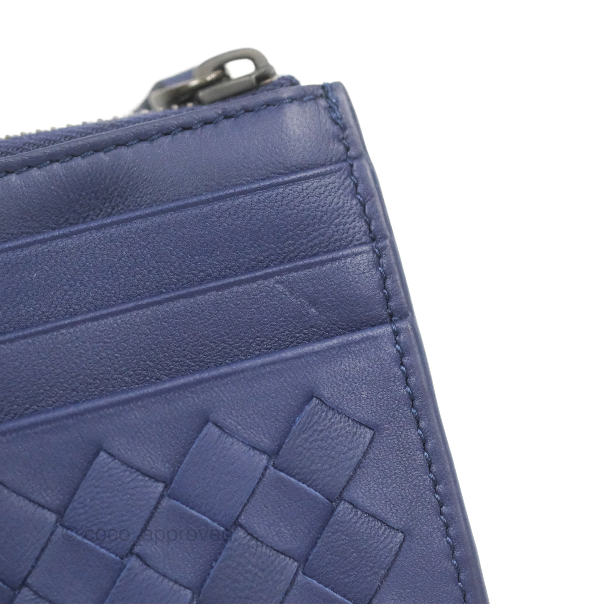 Bottega Veneta Intrecciato Leather Zipped Card Holder Wallet - Blue | Slim RFID Blocking Credit Card Case for Men & Women | Perfect for Travel, Business & Everyday Use