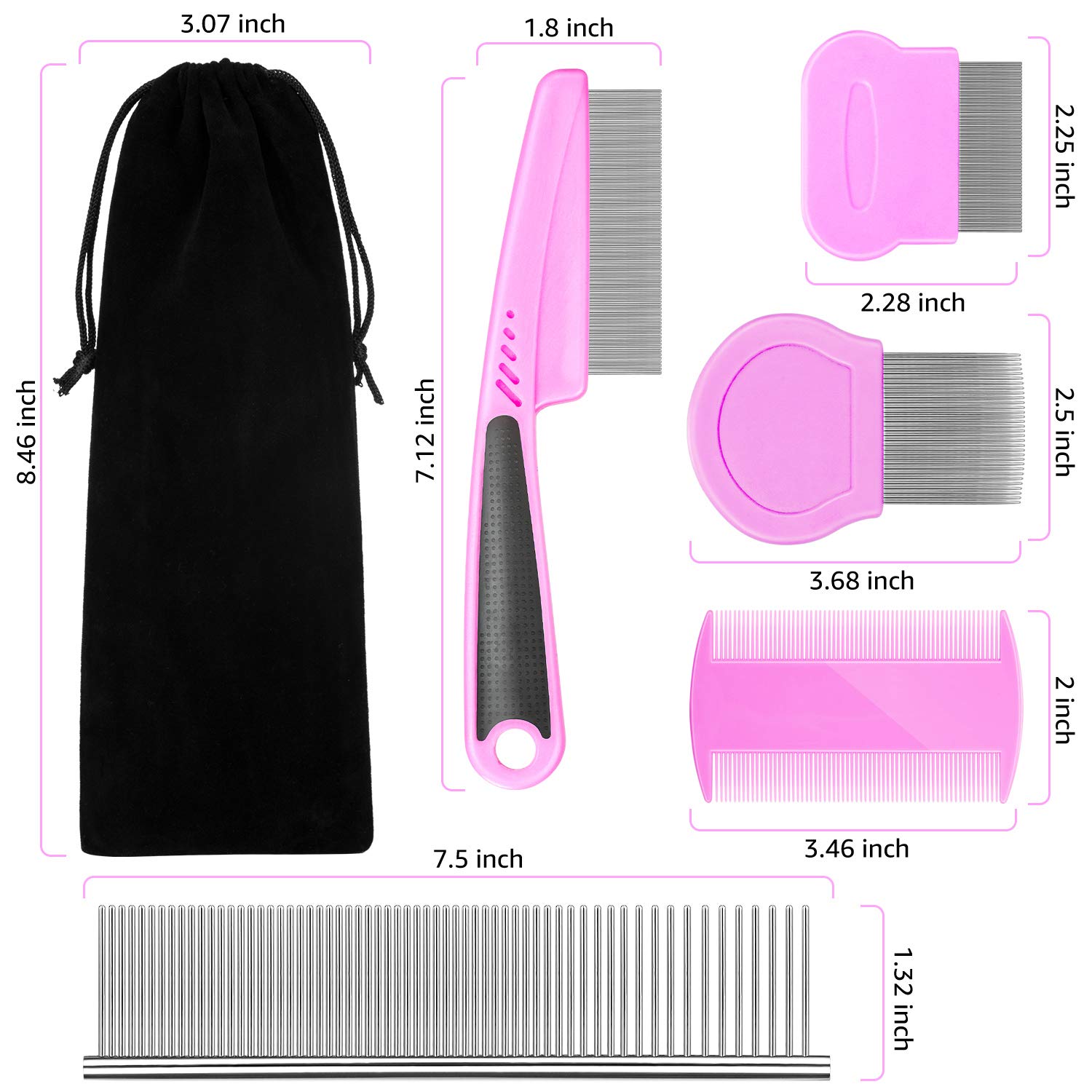 BENSEAO 5-Piece Pet Grooming Set - Metal Flea Comb for Dogs & Cats, Lice Comb, Tear Stain Remover, Durable Detangling Comb with Storage Pouch (Pink) - Perfect for Removing Fleas, Tangles & Dandruff at Home or Professional Grooming
