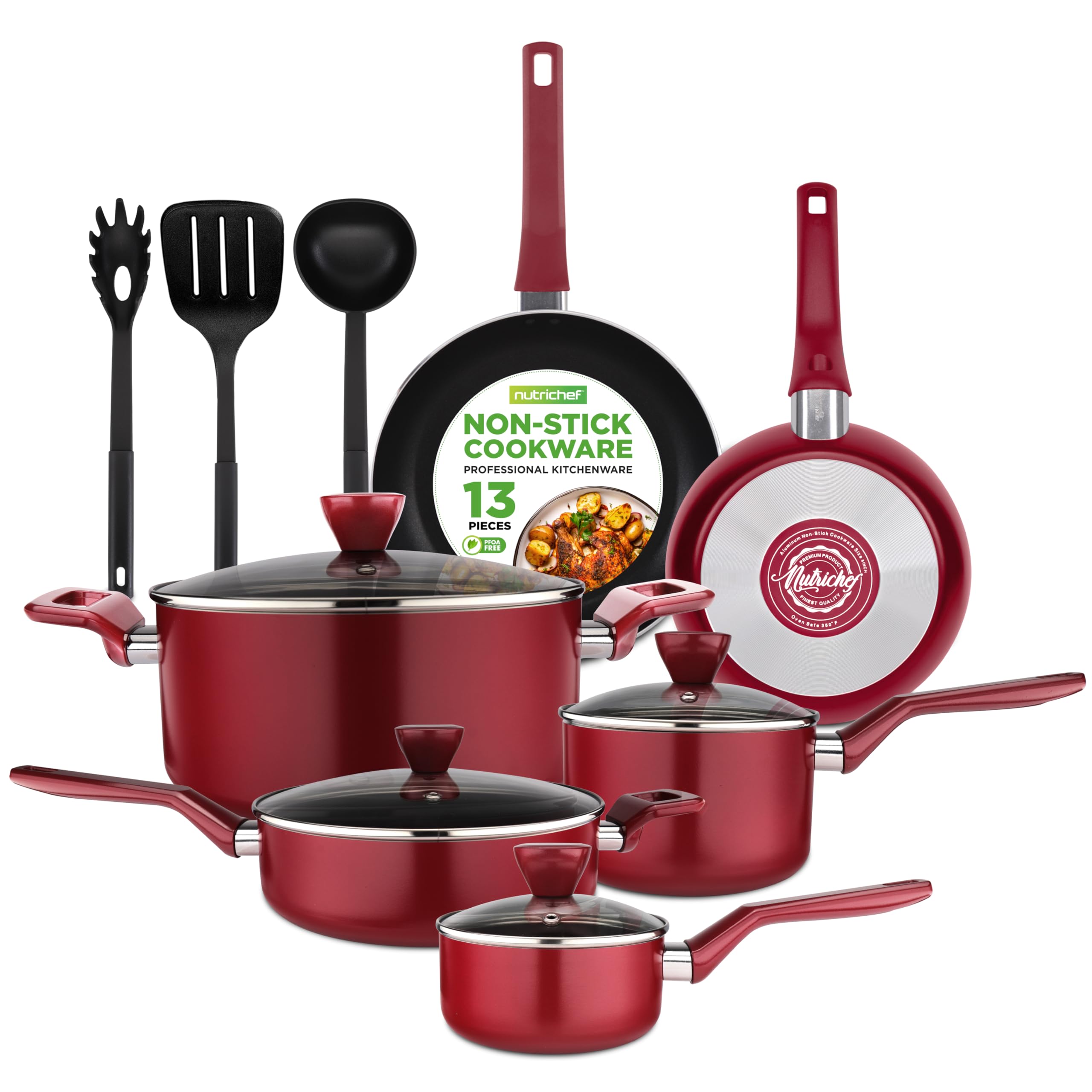 NutriChef 13-Piece Nonstick Cookware Set with Pots, Pans & Utensils - Heat Resistant Kitchenware for Sauteing, Frying & Cooking - Includes Saucepan, Frying Pans, Casserole Dish & Lids - Perfect for Home Chefs & Everyday Meal Prep (NCCWA13)