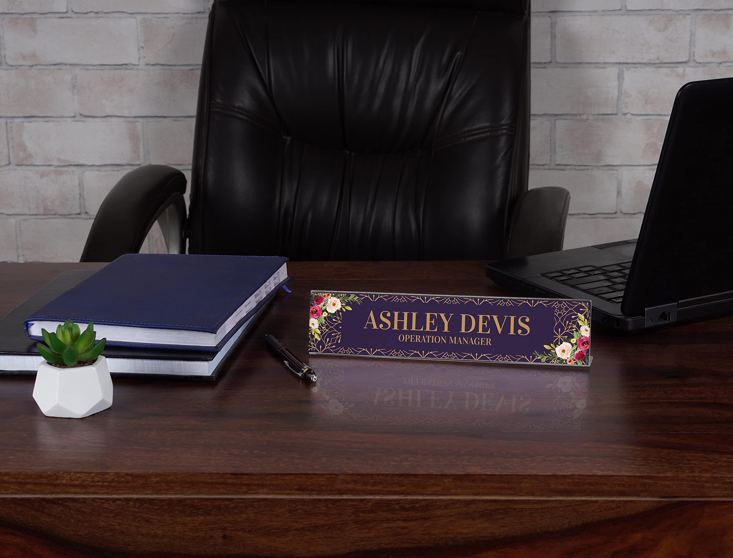 Custom Acrylic Desk Name Plate - Personalized Floral Office Name Sign (2x8 Inches) for Professional Workspace & Home Office Decor
