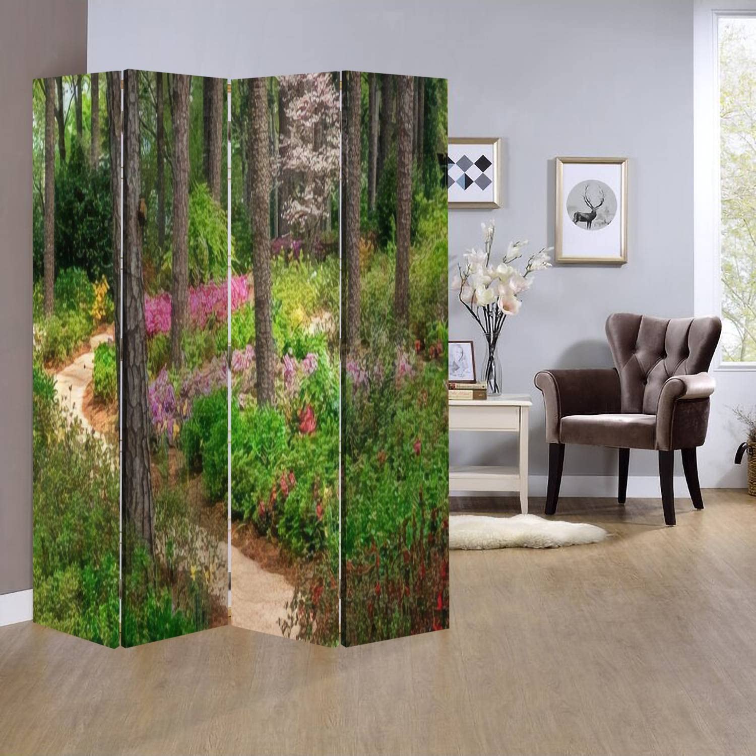 Wooden Screen Room Divider - Azalea & Flower Garden Pathway Design | Folding Privacy Partition Panels with Dual-Sided Canvas | 6-Panel Indoor Wall Divider for Home Office, Bedroom, and Living Room Display