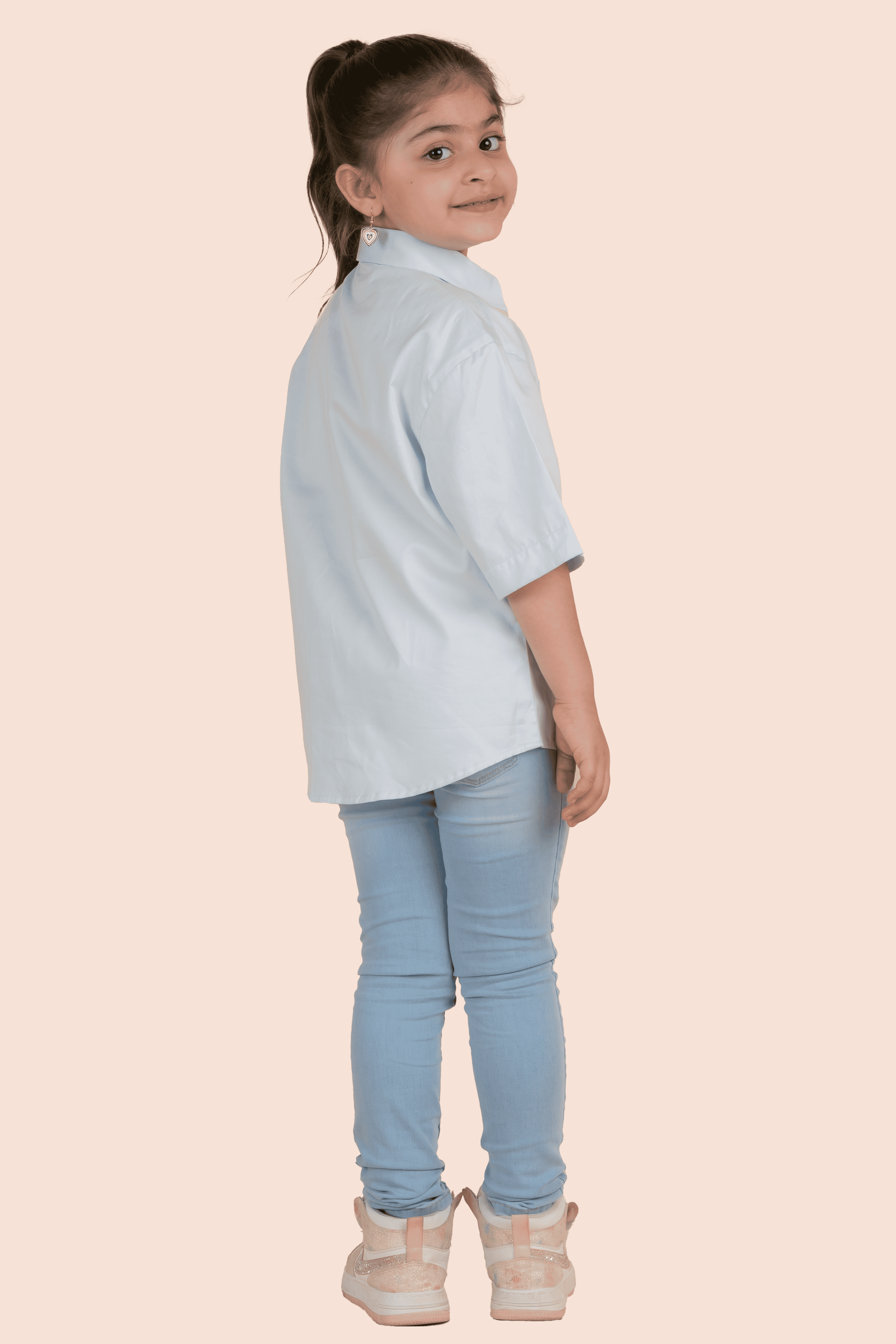 Pre Order: Stylish Blue Shirt with Colorful Heart Patch & Swarovski Crystal Outline - Perfect for Casual Wear, Date Nights & Special Occasions