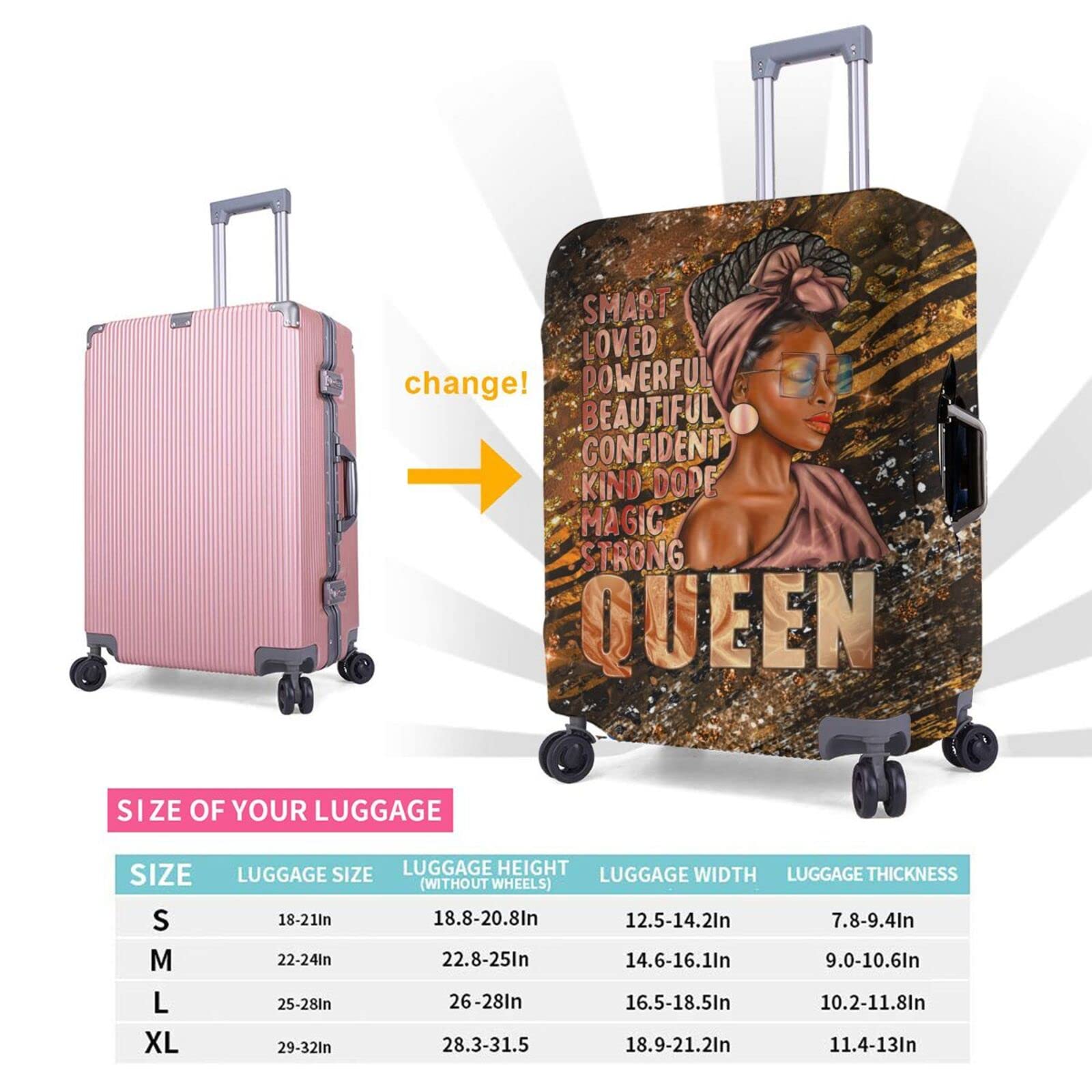 African American Girl Travel Suitcase Cover - Elastic, Washable Luggage Protector with Concealed Zipper - Fits 18-32 Inch Bags (S Size for 18-21 Inch) - Perfect for Family Vacations, Business Trips & Airplane Travel