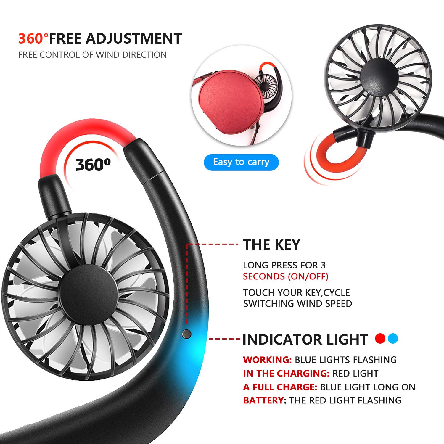 Rechargeable Neck Fan - Hands-Free Wearable Mini Fan with 2500mAh USB Battery, Dual Head Personal Cooling Fan for Office, Travel, Outdoor Sports & Home Use - Perfect for Working, Reading, Gym & Summer Activities