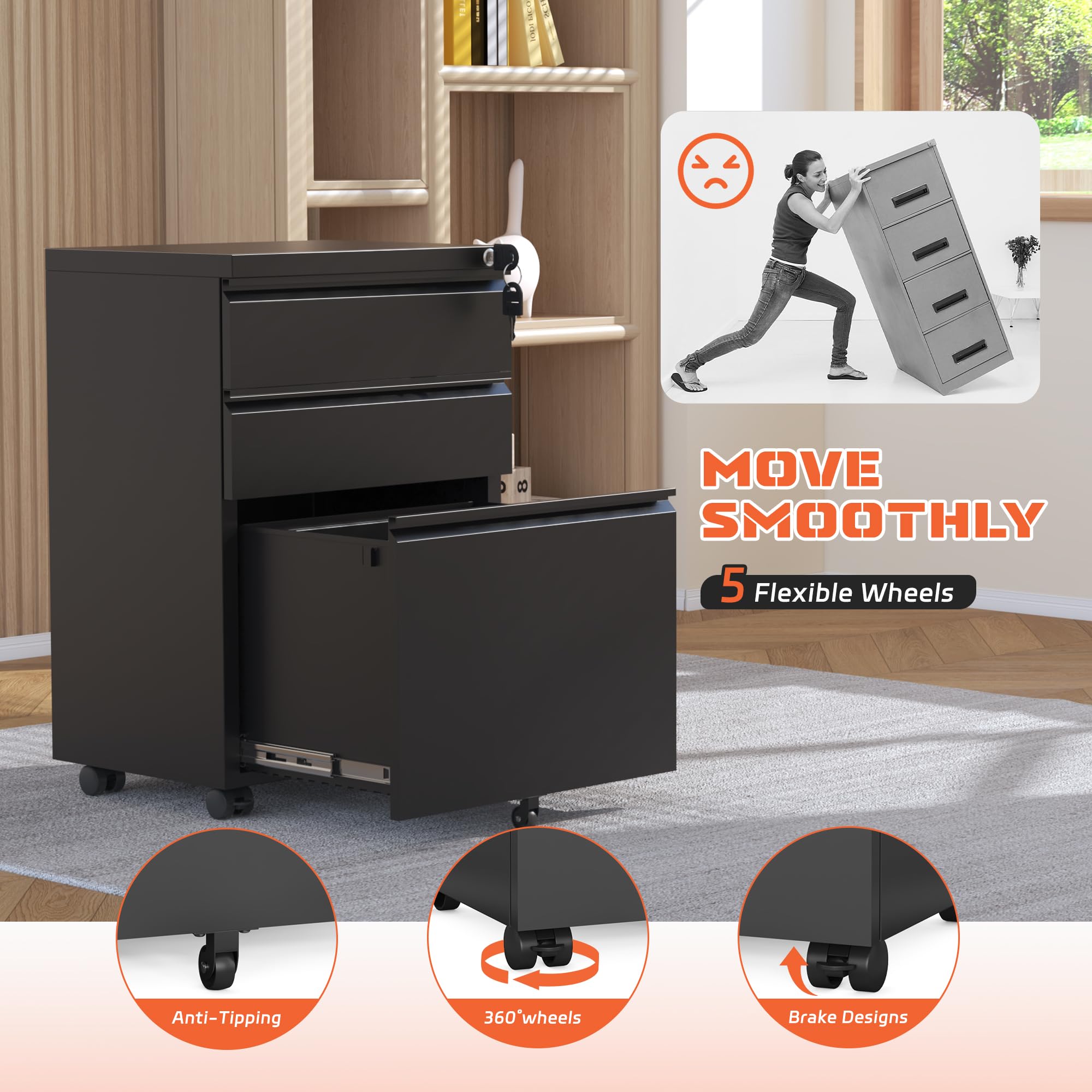 INTERGREAT 3-Drawer Lockable Mobile File Cabinet with Wheels - Under Desk Metal Filing Storage for Home & Office - Holds Legal/Letter/A4 Size Documents (Black) - Perfect for Small Spaces & Organized Workspaces