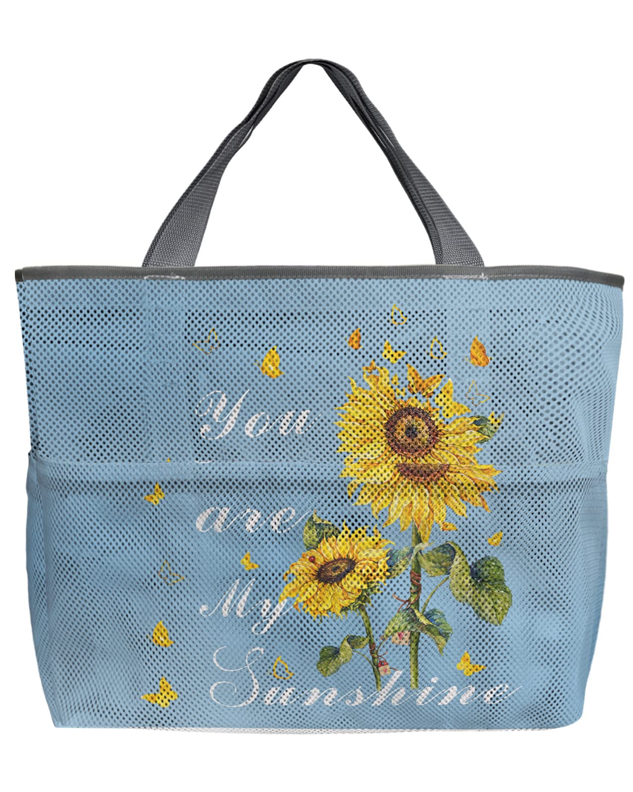 Sunflower Butterfly Mesh Beach Tote Bag - 60L Oversized Quick-Dry Swim Bag with Pockets | Foldable Lightweight Storage Net for Beach, Pool, Grocery Shopping (24
