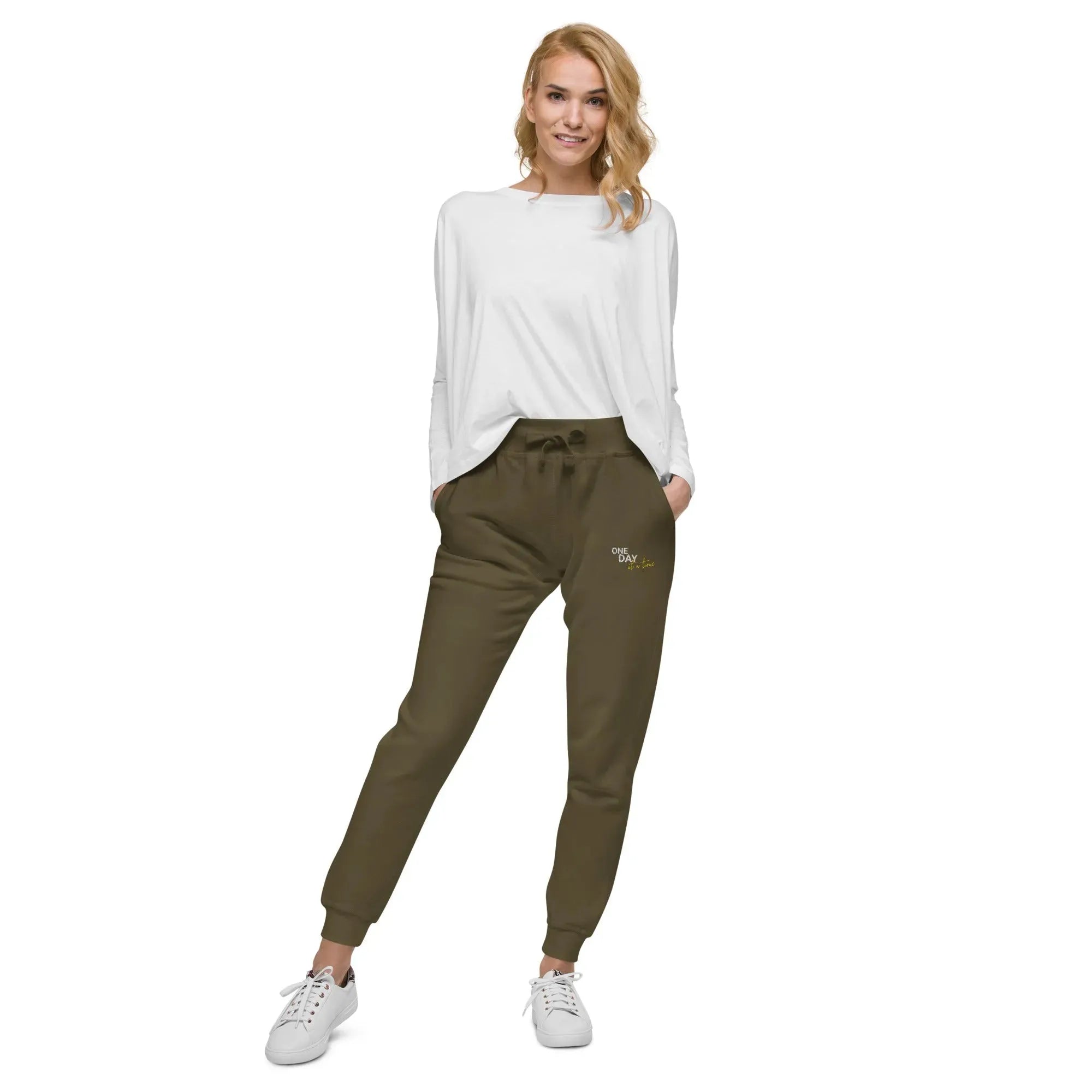 One Day At A Time Embroidered Unisex Fleece Sweatpants - Cozy Loungewear for Relaxing at Home, Yoga, and Casual Outings