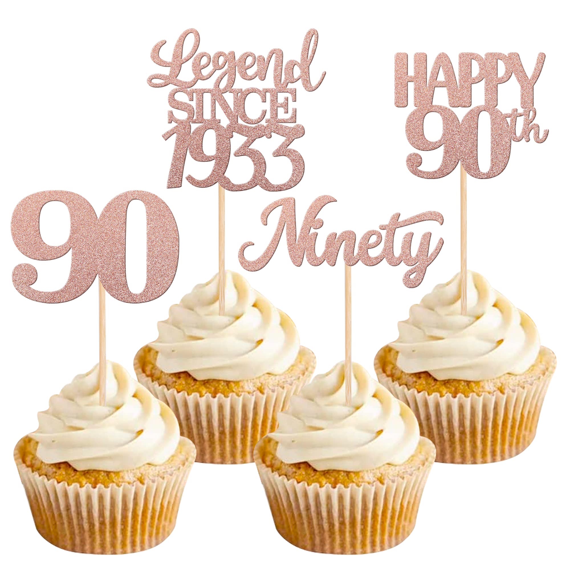 24 PCS Rose Gold Glitter 90th Birthday Cupcake Toppers - Happy 90th Birthday Cake Decorations, Cheers to 90 Years Party Supplies for Anniversary Celebrations (Legend Since 1933) - Perfect for Milestone Birthday Parties, Retirement Celebrations & Golden Anniversary Decor