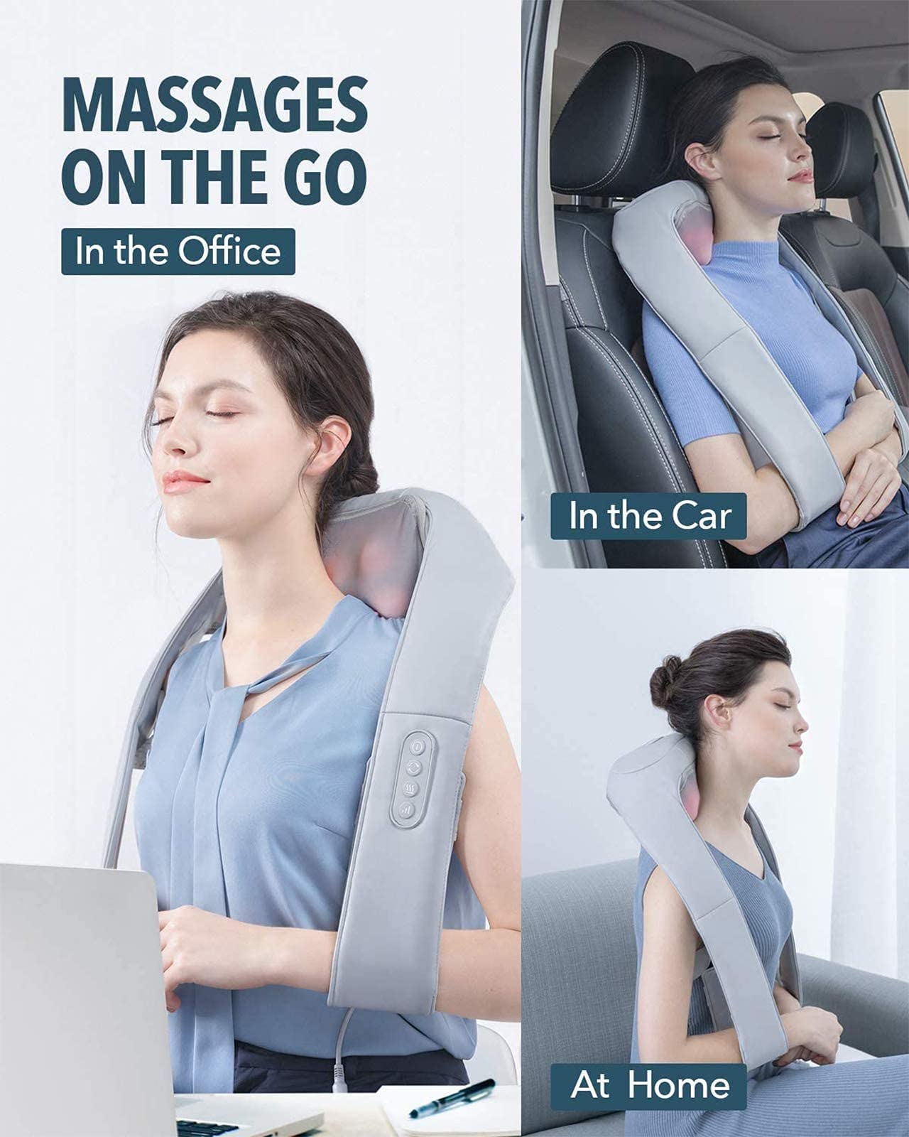 Adjustable Heat Shiatsu Back Massager with Straps - Neck, Shoulder, Foot & Leg Massage - Includes Free Handbag (Gray) - Perfect for Home, Office & Travel Relaxation