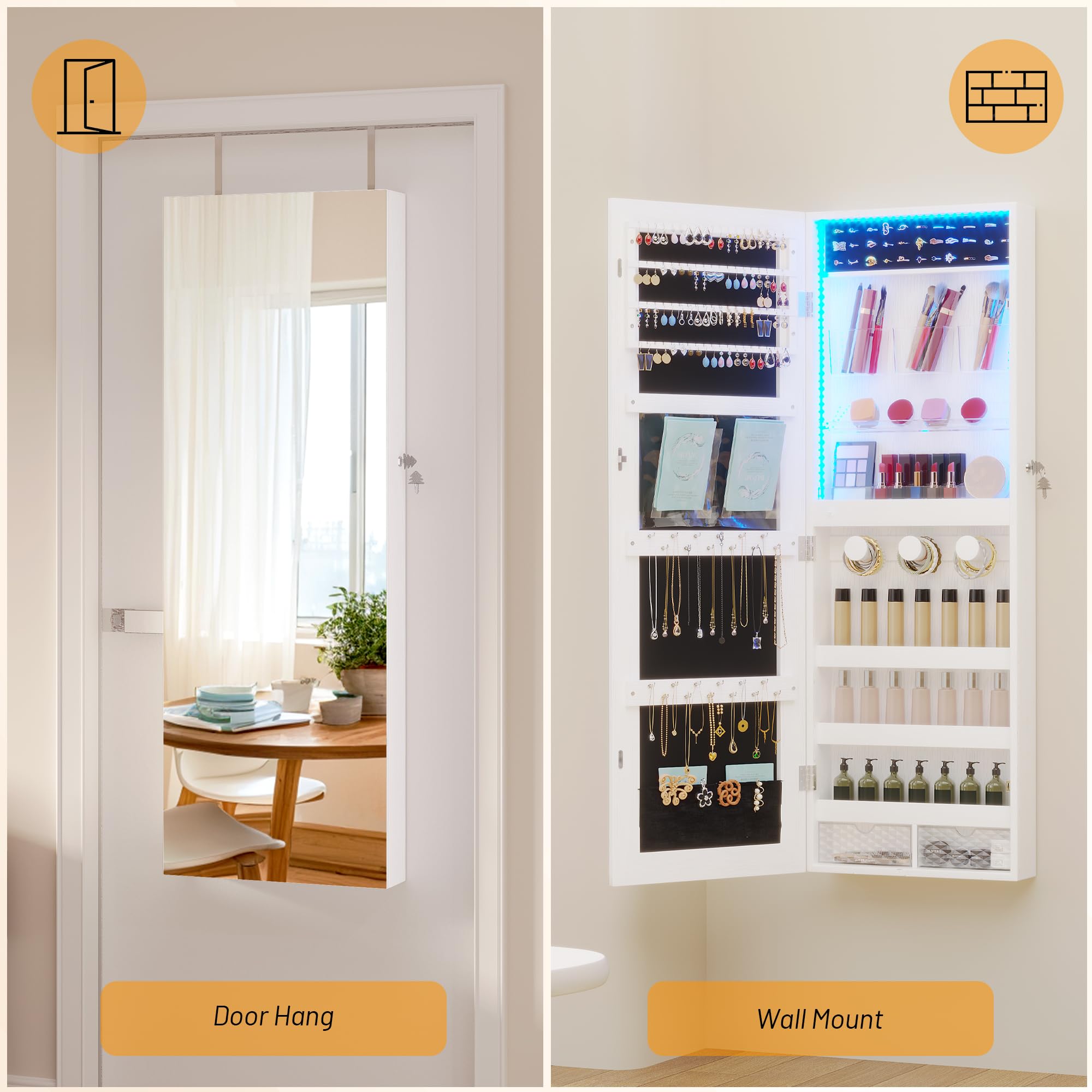 LVSOMT White Lockable Jewelry Armoire Organizer with LED Lights - Wall/Door Mounted Mirror Jewelry Cabinet with Storage | Perfect for Bedroom, Closet & Dressing Room Organization