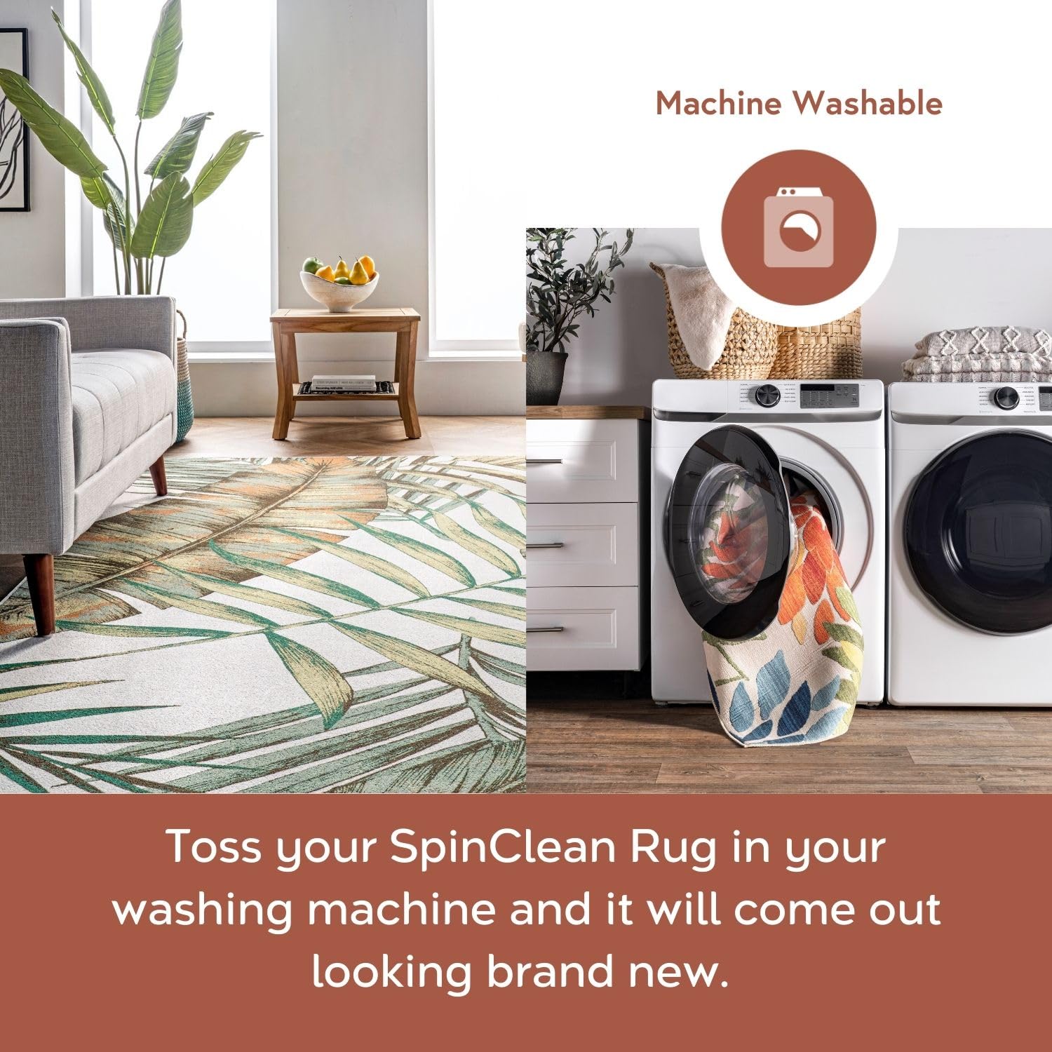nuLOOM Elen Machine Washable Ultra Thin Area Rug with Natural Leaves Design, 8x10 Feet, Olive Green - Perfect for Living Room, Bedroom, and Dorm Decor