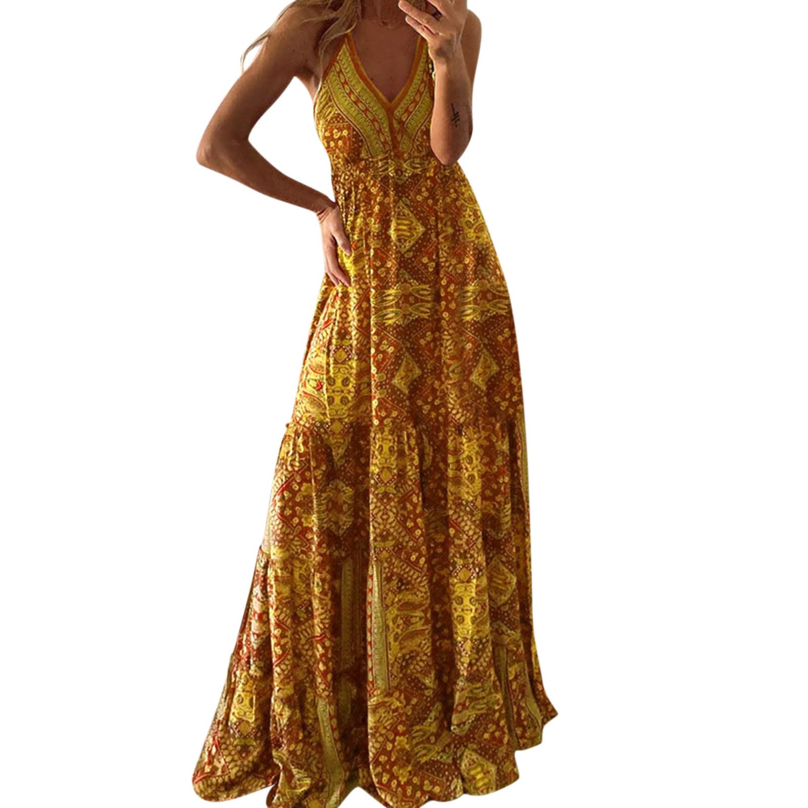 Women's Floral Sleeveless V-Neck Sundress - Casual Bohemian Beach Dress for Summer, Long Sexy Party Dress - Perfect for Vacations, Poolside Lounging & Outdoor Events