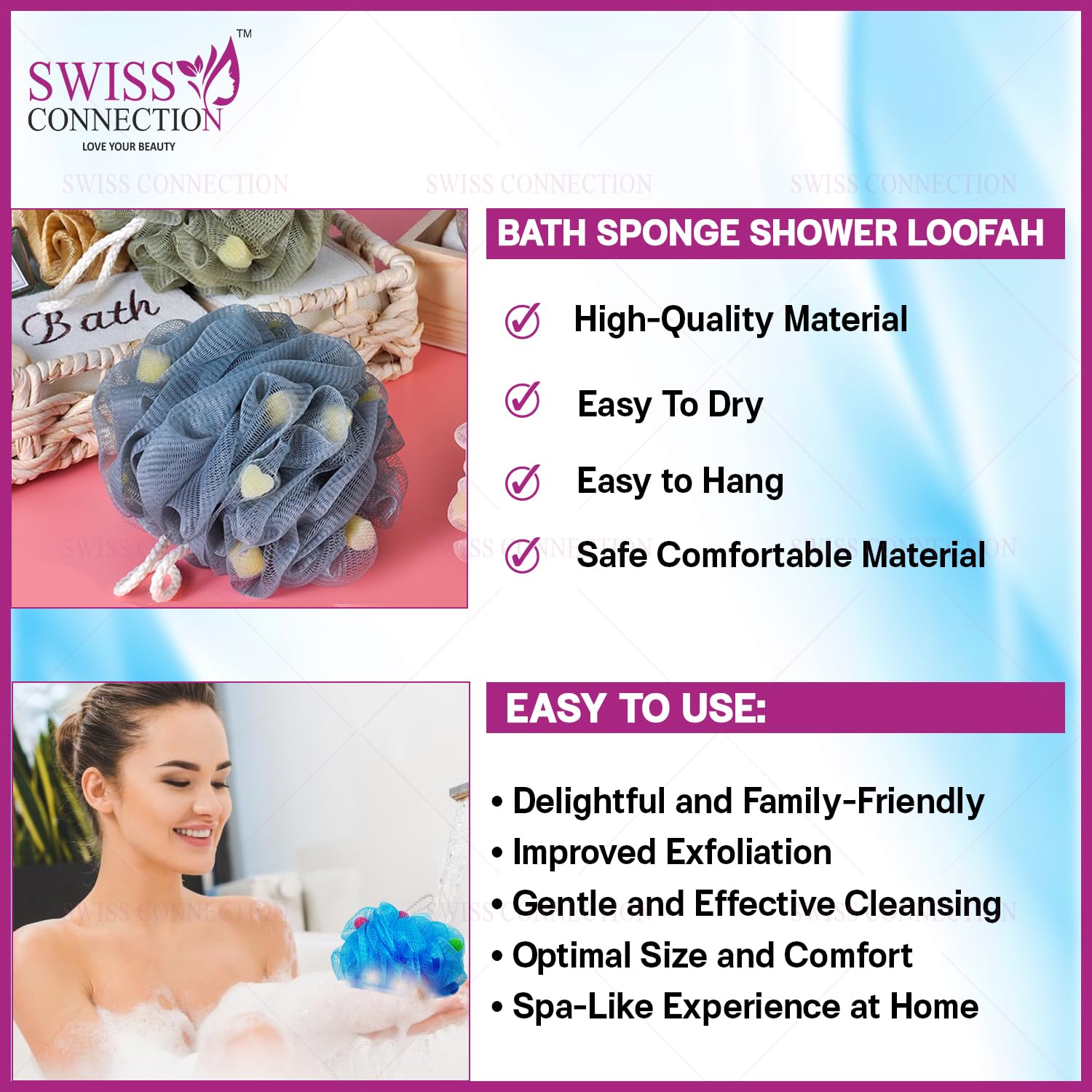 Swiss Connection Exfoliating Loofah with Active Spheres - Round Body Scrubber for Shower & Bath, Back Scrubber, Bath Accessories (2-Pack, Multicolor) - Perfect for Gentle Skin Exfoliation & Spa-Like Experience at Home