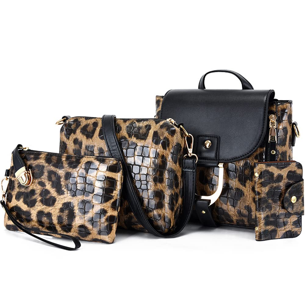 ZiMing Women's Fashion Handbag Set - 4 Piece Leopard Print Leather Purse, Crossbody Shoulder Bag & Wallet Combo (Brown) | Perfect for Work, Travel and Daily Use