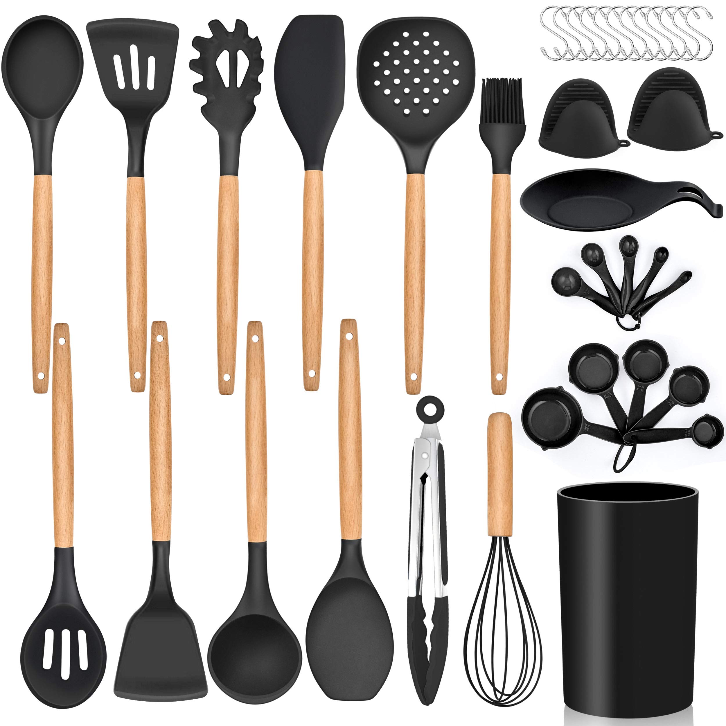 LIANYU 38-Piece Premium Kitchen Utensil Set with Holder - Heat Resistant Silicone Spatulas, Wooden Handle Cooking Tools for Nonstick Cookware - Perfect for Baking, Frying & Everyday Cooking (Black)