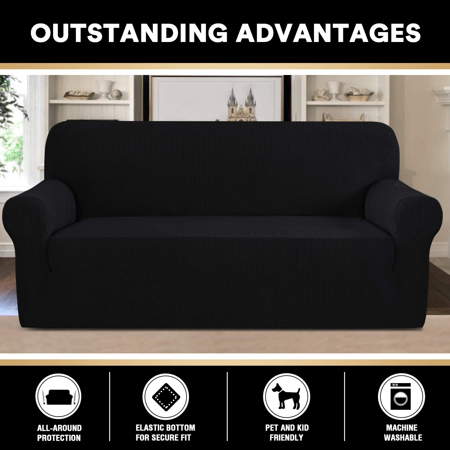 PrinceDeco Washable 3-Seater Sofa Slipcover - Pet Friendly, Extra Large Fitted Couch Cover for Oversized Couches - Furniture Protector Stays in Place (XL, Black) - Perfect for Living Rooms, Family Rooms & Pet-Friendly Homes