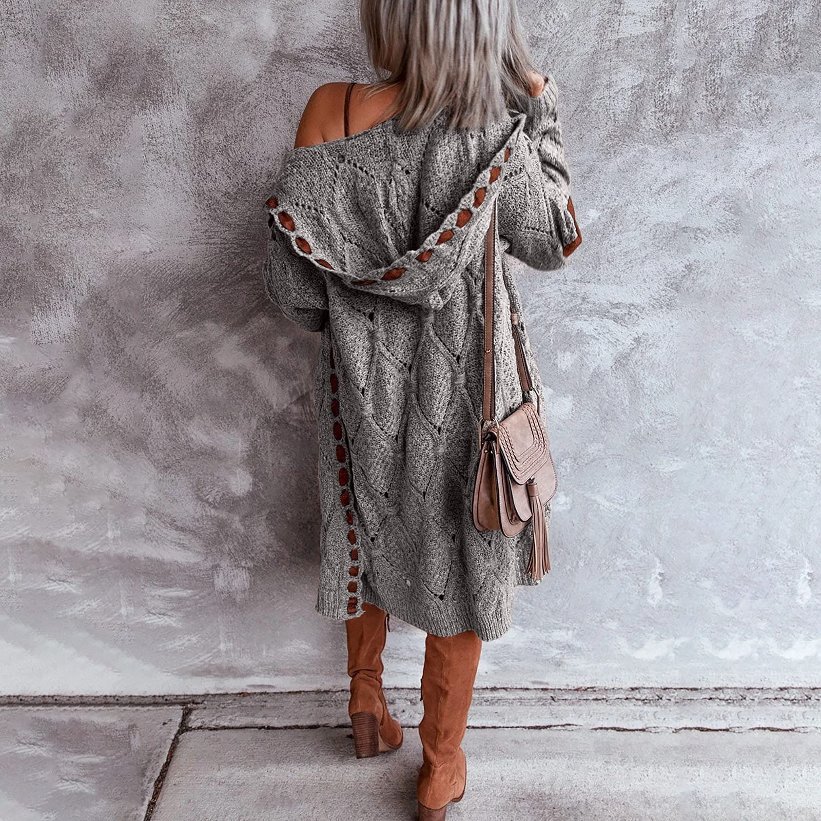 Women's Long Chunky Cardigan - Lightweight Knit Sweater with Elbow Patches & Hood - Cozy Fall & Winter Fashion for Office, Travel & Casual Outfits