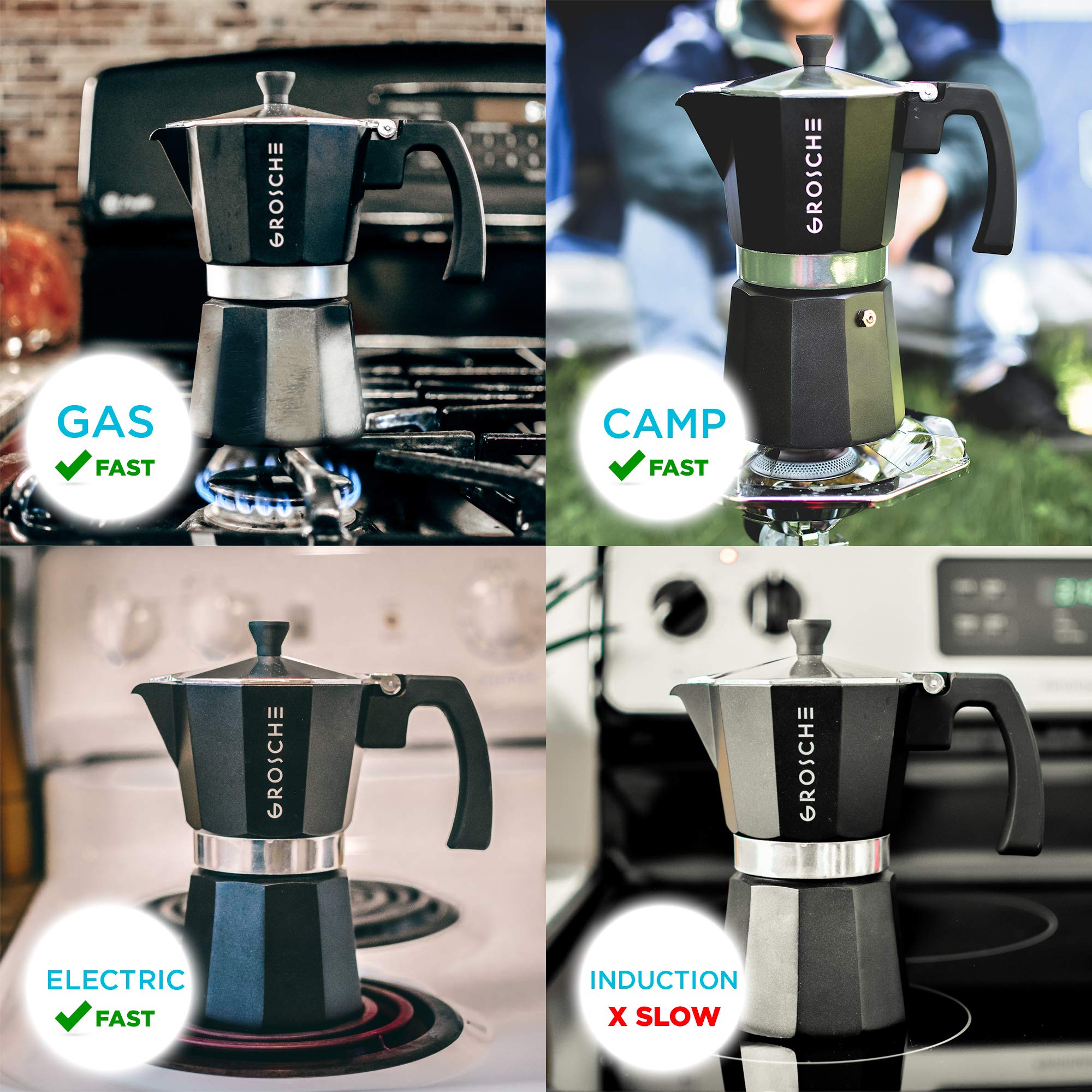 GROSCHE Milano Stovetop Espresso Maker - 3 Cup Moka Pot (5 oz) - Italian Coffee Maker for Cuban Coffee, Black - Perfect for Home, Camping & Gifts