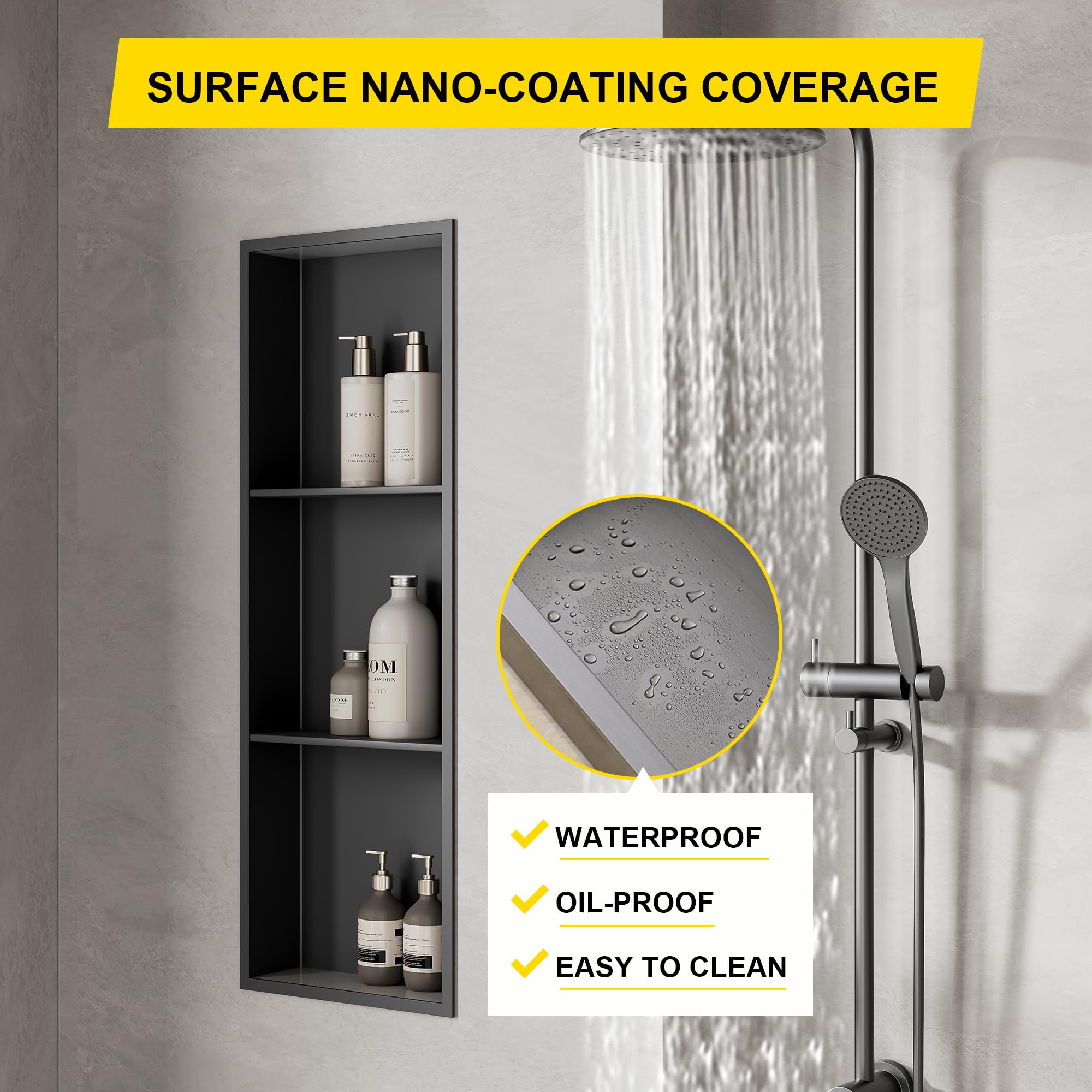 SUPERFLO 36x12 Inch Matte Black Stainless Steel Shower Niche - No Tile Needed Over Mount Wall Shelf with Partitions for Bathroom & Bedroom Storage | Waterproof Shower Organizer for Shampoo, Soap & Bath Essentials