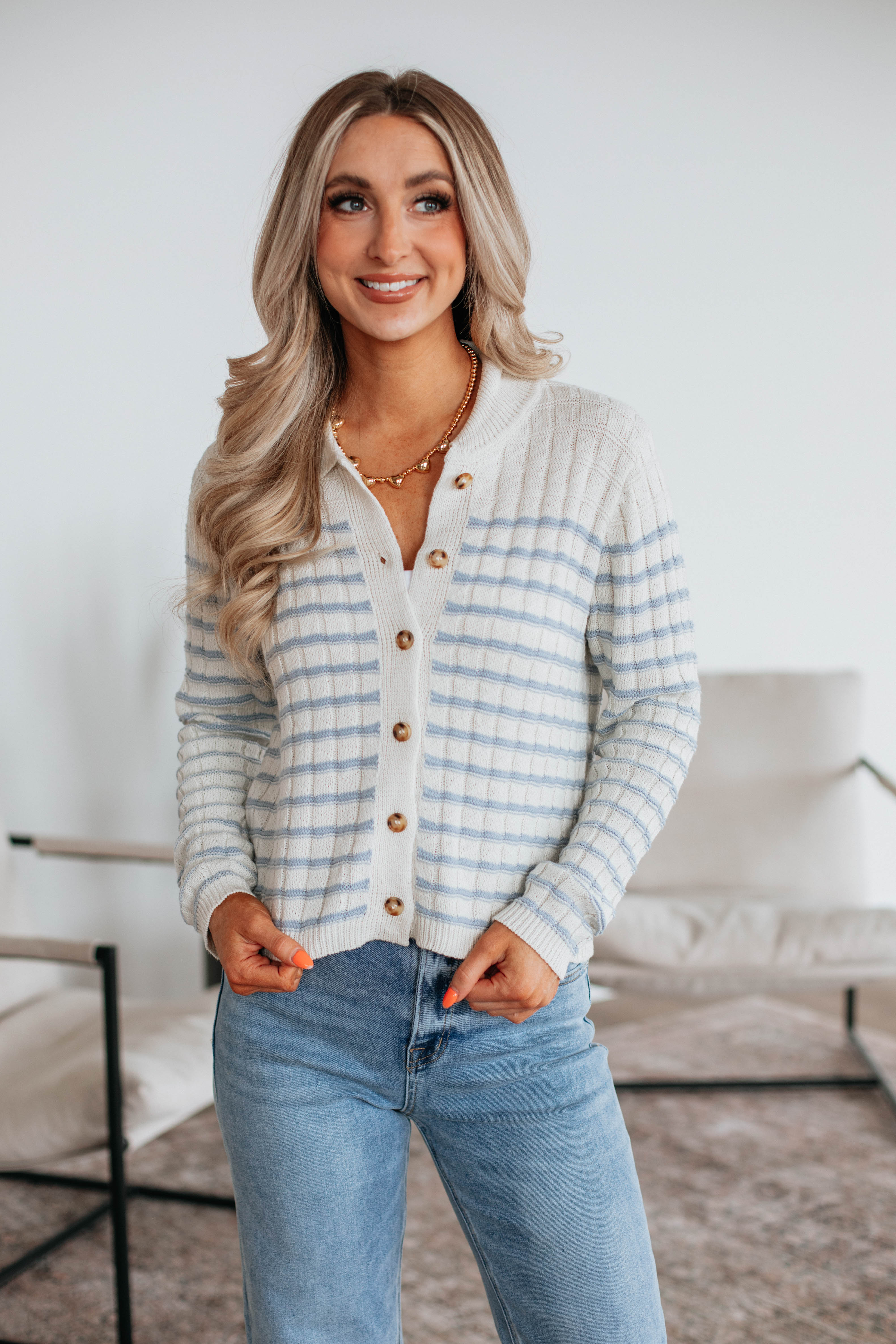 Emaline Striped Cardigan Women's Lightweight Knit Sweater - Sky Blue Mix Color for Casual Outfits & Fall Layering