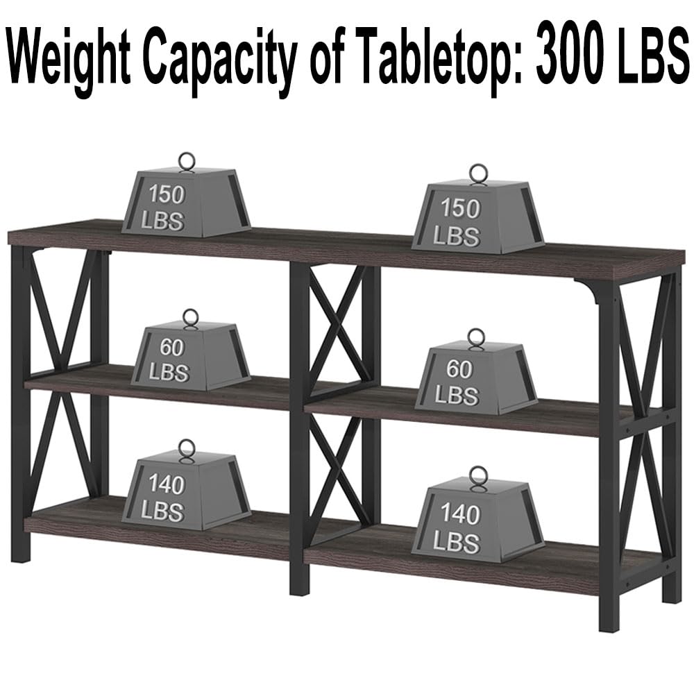 LVB Rustic Console Table - Industrial Modern Sofa Table Behind Couch, Long Entryway Table with Storage Shelf | Farmhouse Foyer & Hallway Table for Living Room, Bedroom & Home Decor | Dark Gray Oak Finish, 63 Inch | Perfect for Small Spaces & Apartment Entryways