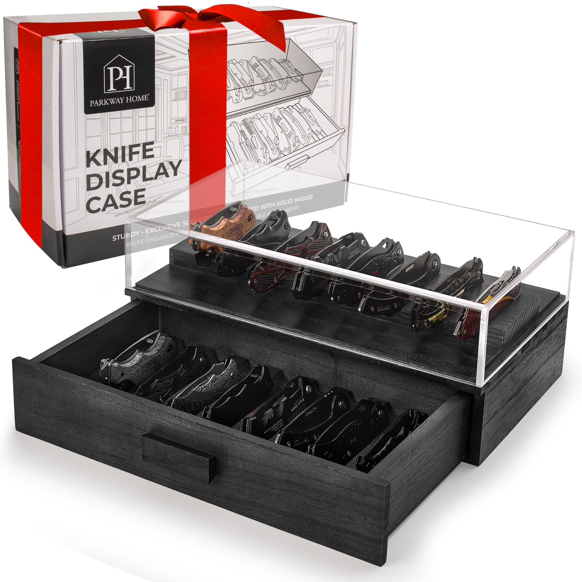 Premium Black Wooden Pocket Knife Display Case - Clear Sturdy Cover Holds 16 Knives - 2-Tier Collector's Case with Removable Drawer for EDC Gear - Perfect for Home Display, Gift Giving & Knife Enthusiast Collections