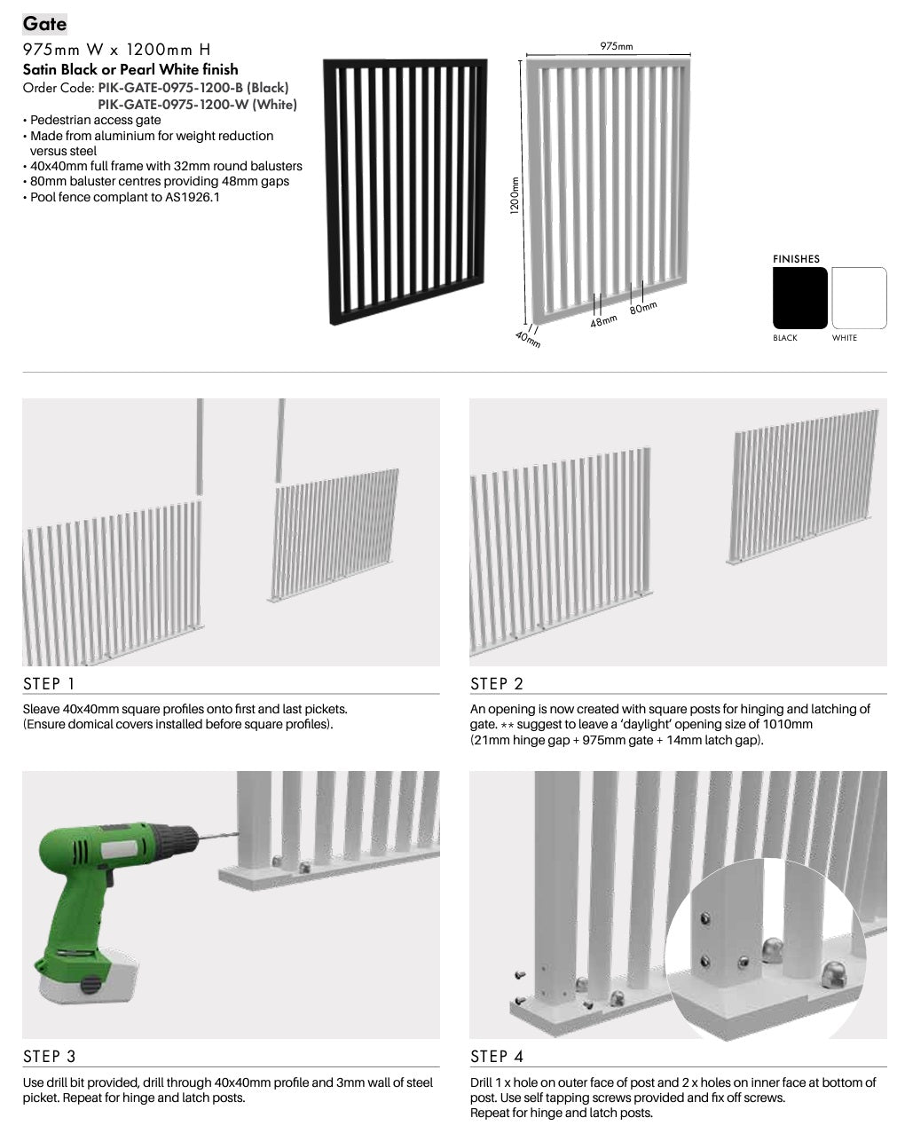 PIK Gate 975W x 1200H White Blade Picket Pool Safety Gate - Perfect for Backyard, Swimming Pool, and Pet Containment