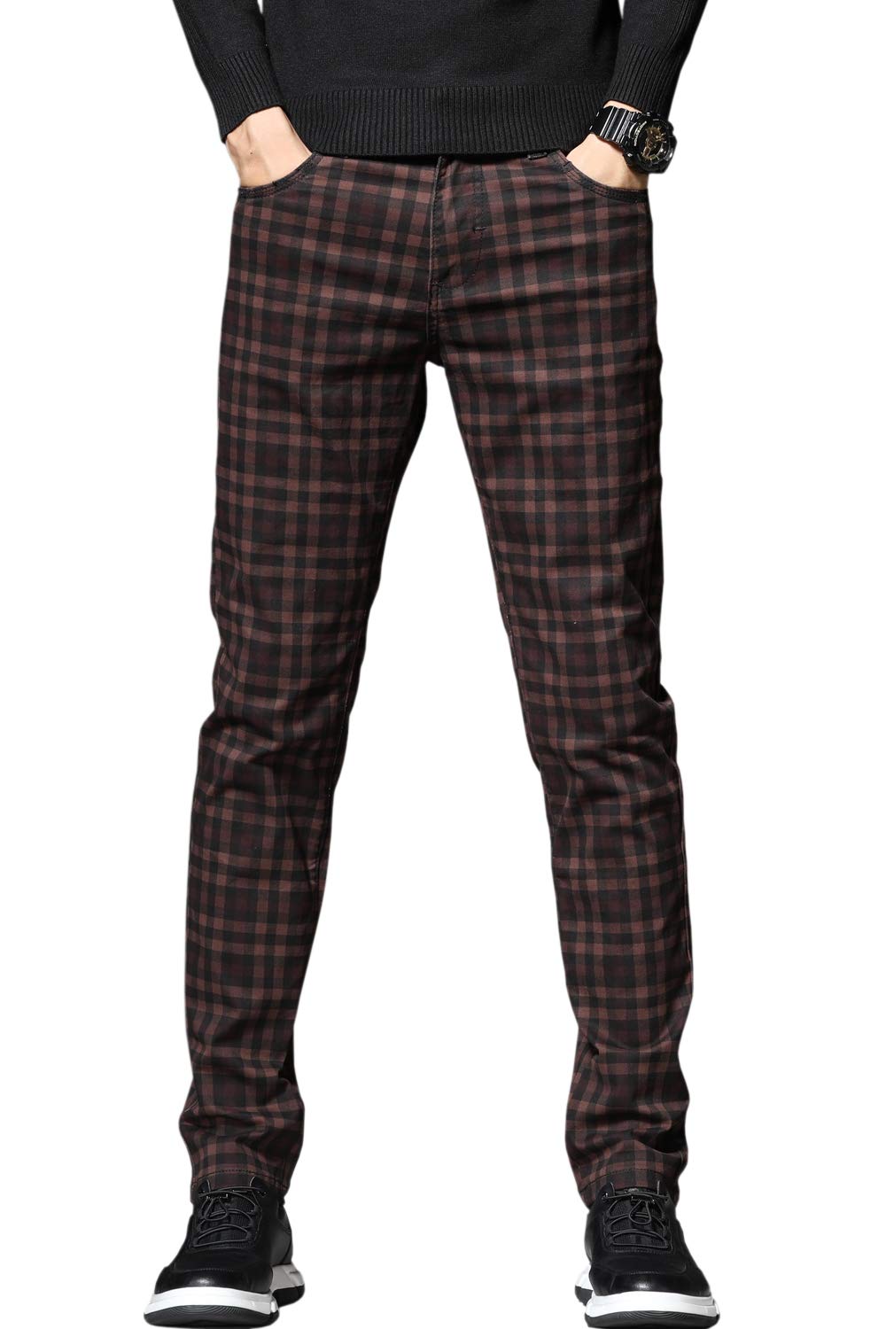 HENGAO Men's Straight Fit Plaid Chino Pants - Casual Office & Business Travel Trousers for Professional Style