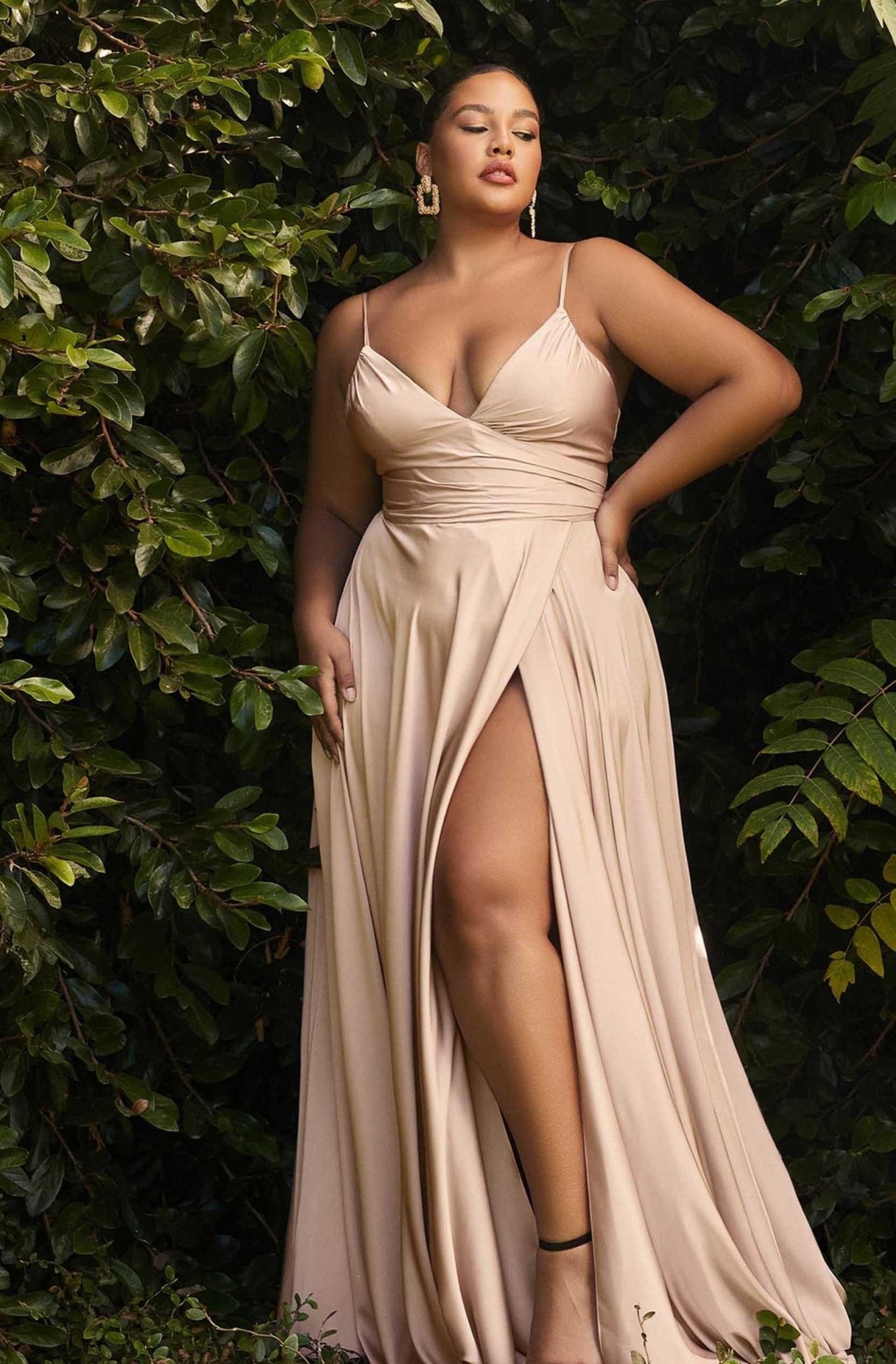 Ladivine by Cinderella Divine Plus Size Nude Ruched Satin Prom Dress - Elegant Formal Gown for Homecoming, Quinceañera & Special Occasions