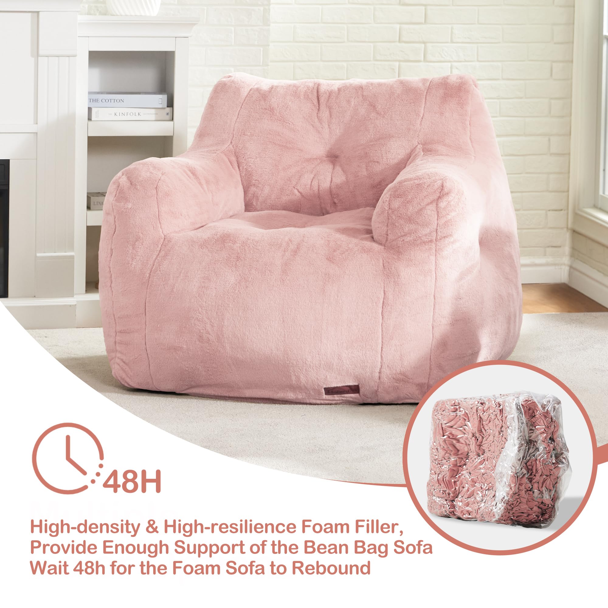 Hobestluk Furry Bean Bag Chair with Arms & Foam Filler - Small Bean Bag Sofa for Adults, Teens - Cozy Reading Chair for Bedroom, Living Room, Dorm, Game Room - Soft Pink Plush Seating (Pink)