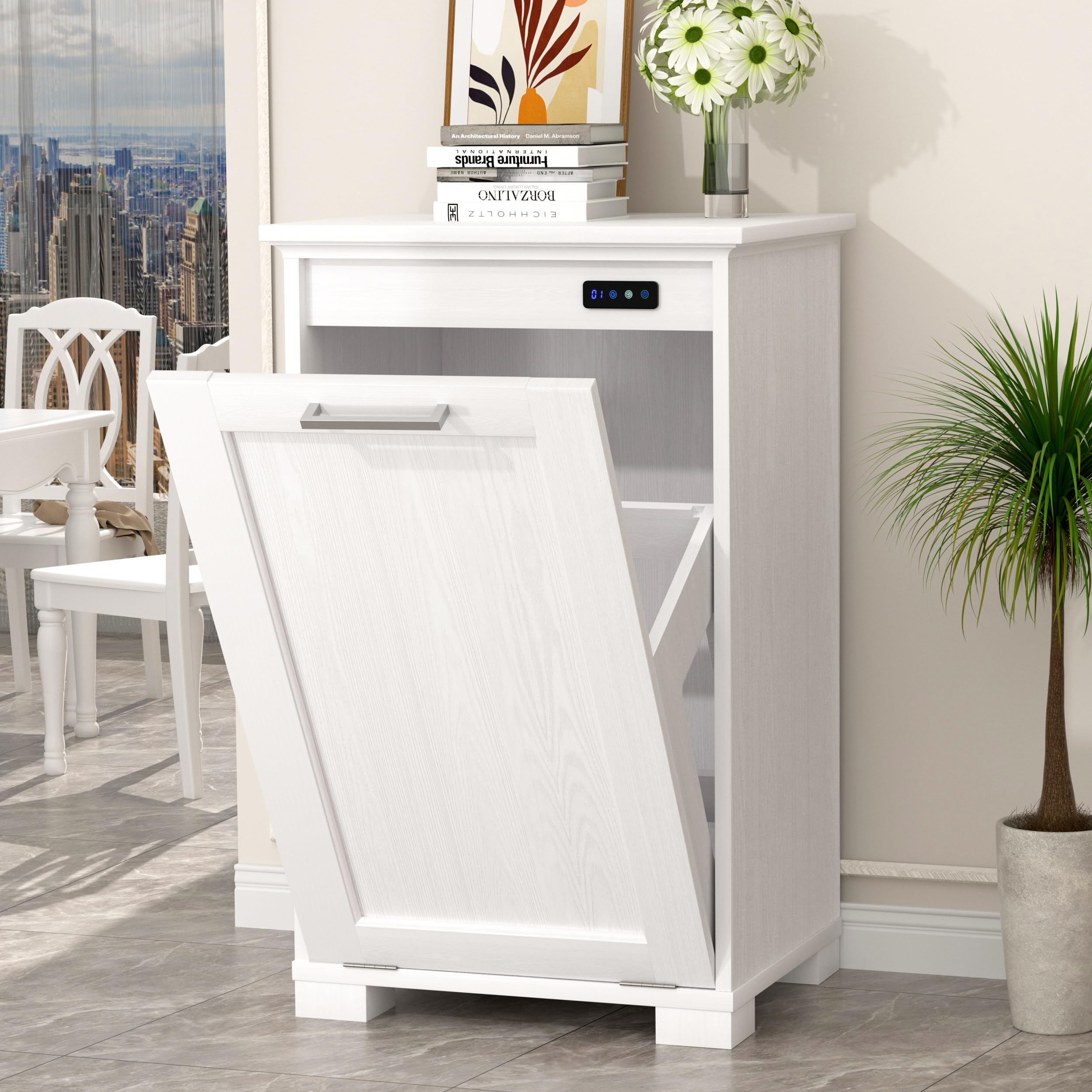 10-Gallon Tilt Out Trash Cabinet with Odor Control - White Wooden Freestanding Kitchen Garbage Can & Hidden Laundry Hamper for Home, Bathroom, and Pantry Organization