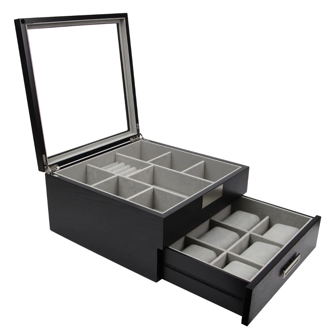 Premium Wooden 9-Slot Watch Box with Jewelry Storage - Luxury Watch Organizer & Tie Valet Case - Perfect for Men's Dresser, Travel & Gift Giving