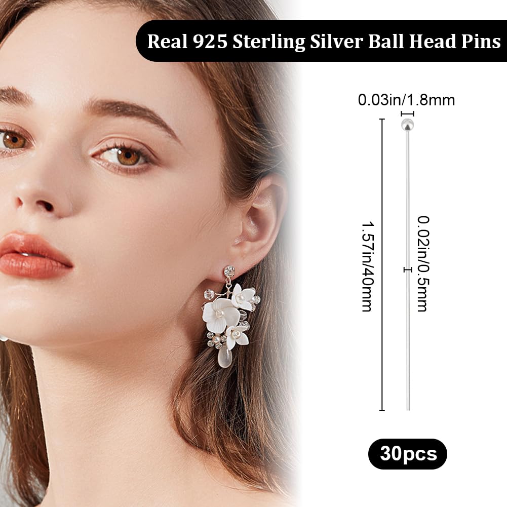 Beebeecraft 30Pcs 40mm Sterling Silver Ball Head Pins with Eye Needles - 1.8mm Jewelry Making Supplies for Bracelets, Earrings & DIY Crafts | Perfect for Beading, Wire Wrapping & Jewelry Repair