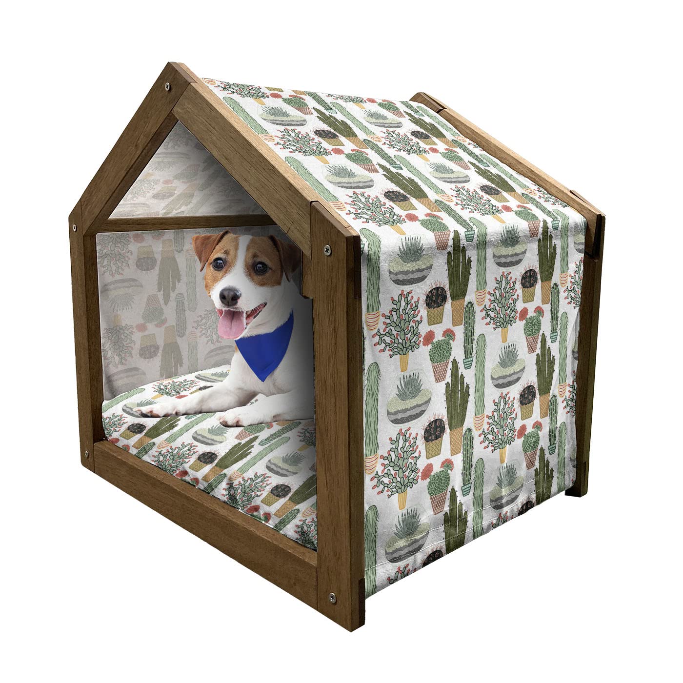 Ambesonne Cactus Wooden Pet House - Indoor & Outdoor Portable Dog Kennel with Pillow & Cover, Medium Size, Multicolor Botanical Floral Design - Perfect for Small Dogs & Cats in Home, Garden or Patio Use