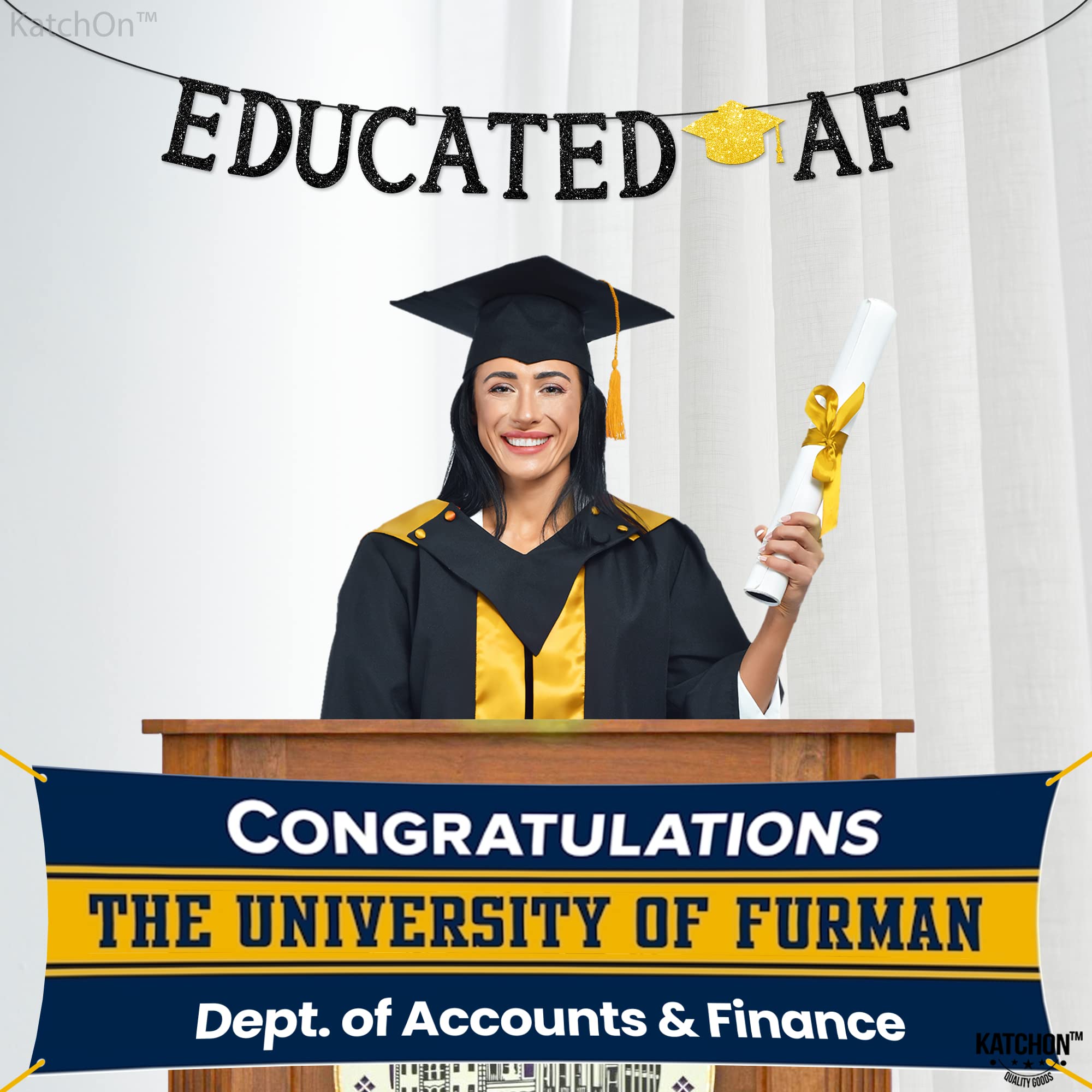 KatchOn Glitter Black 'Educated AF' Graduation Banner - 10ft Ready-to-Hang | Class of 2025 Graduation Party Decor | Funny Graduation Sign for High School & College Celebrations | Perfect for Graduation Photos, Wall Decor & Party Backdrops