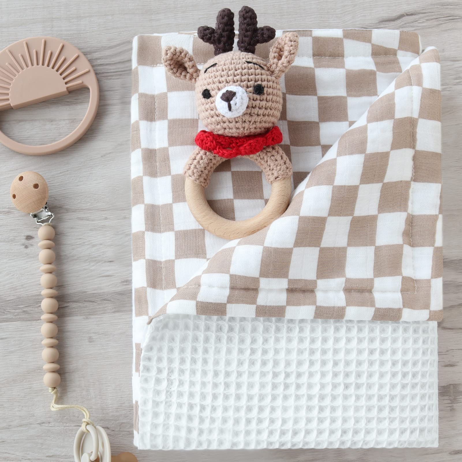 LifeTree Waffle Baby Blankets - Soft 2-Layer Muslin & Waffle Swaddle Blankets for Boys & Girls, Neutral Checkered Crib & Stroller Blanket for Newborns - Perfect for Nursery, Baby Showers & On-the-Go Comfort